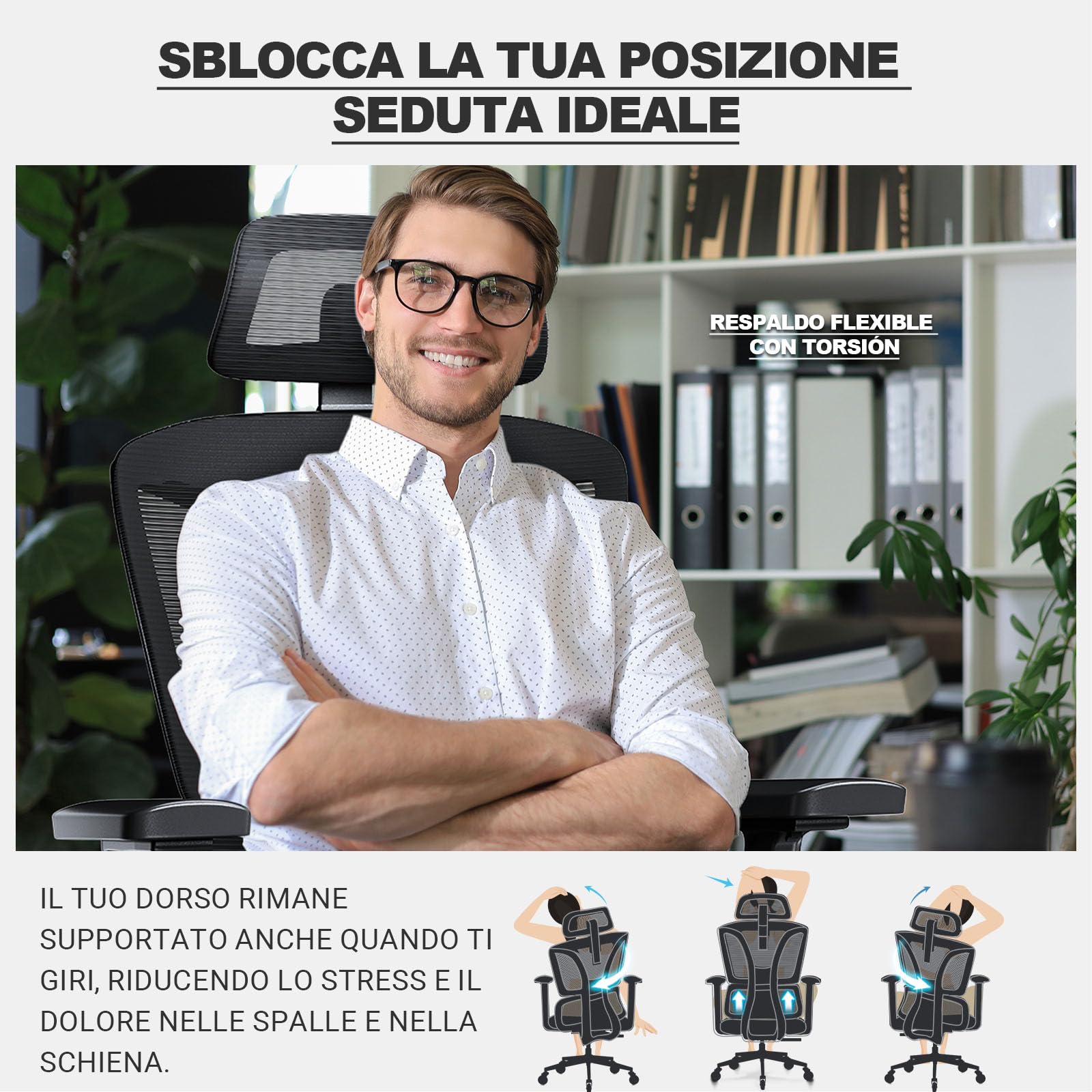 MELOKEA Sedia Ufficio Ergonomica, Braccioli 4D, Profondità Sedile Regolabile, Inclinazione 4 Livelli, Ruote Gomma, Schienale Alto, Supporto Lombare Ergonomico, Home Office Gaming, 200 kg