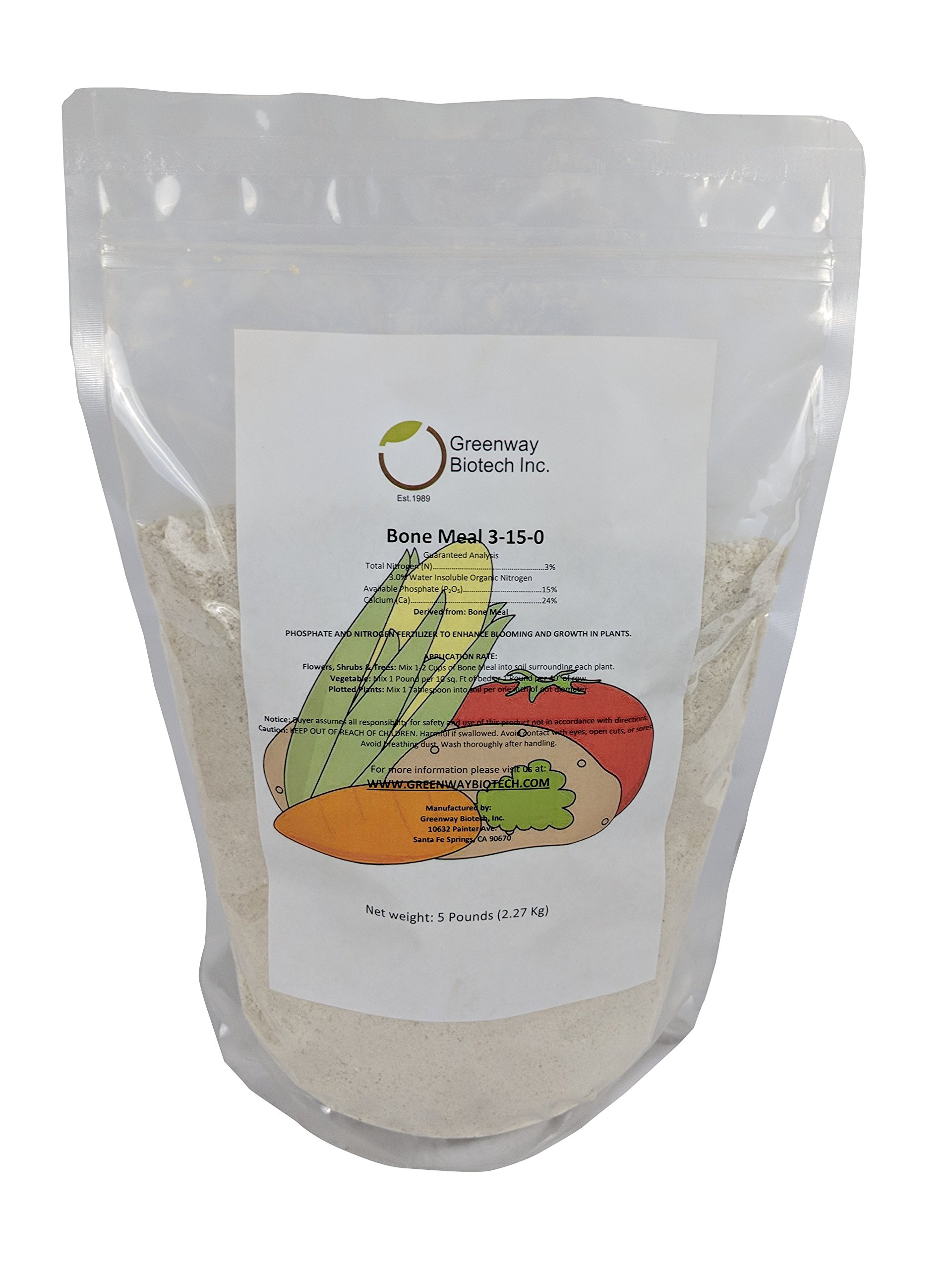 Greenway Biotech Bone Meal Fertilizer 3-15-0 Plus 24% Calcium for Plant’s Strong Root Development- Plant Food Source of Nitrogen and Phosphorus for Gardening, Flowering Plants- (5 Pounds)