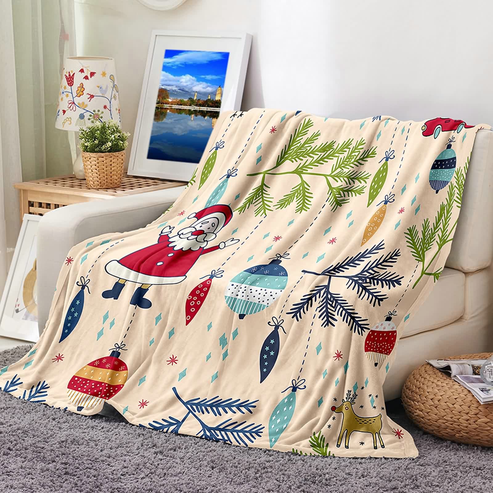 Aeici Manta polar, manta impresa para niños 180 x 240 cm Papá Noel con hojas de pino y bolas de Navidad decoración navideña manta de sofá regalo de invierno para adultos y niños