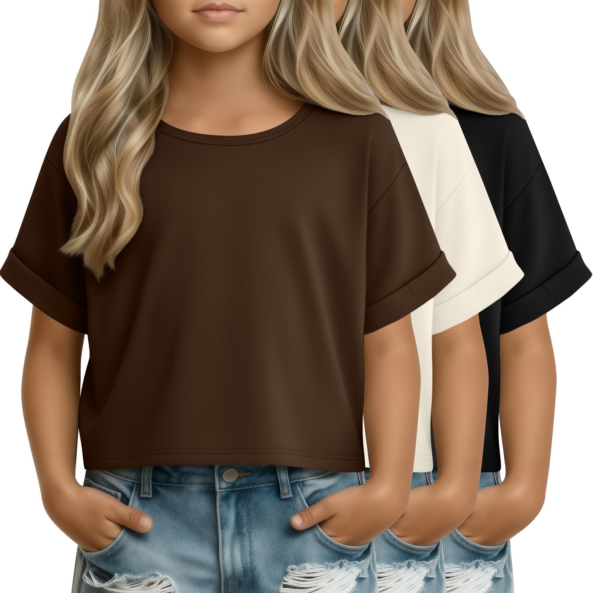 3 Pack Girl's Crop Tops Basic Short Sleeve T-Shirts Summer Oversized Crewneck Shirt Casual Loose Rolled Sleeve Tee