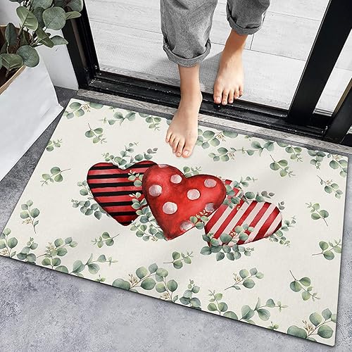 Tapete de baño absorbente para interiores tapete antideslizante para puerta delantera acuarela día de San Valentín hojas de eucalipto alfombras de