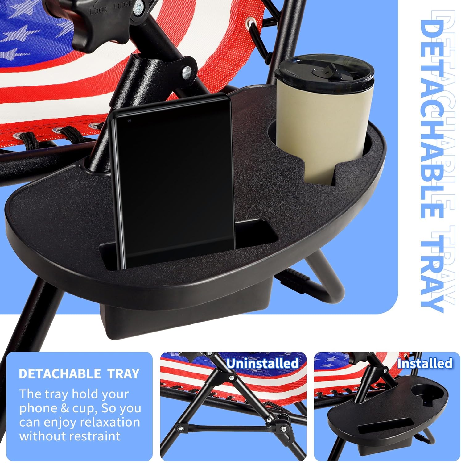 Colorsoul Zero Gravity Chair, Folding Outdoor Recliner, Adjustable Patio Lounge Chair with Canopy Shade, Side Cup Holder Tray, Removable Headrest, for Lawn, Beach, Support 400lbs, (American Flag)