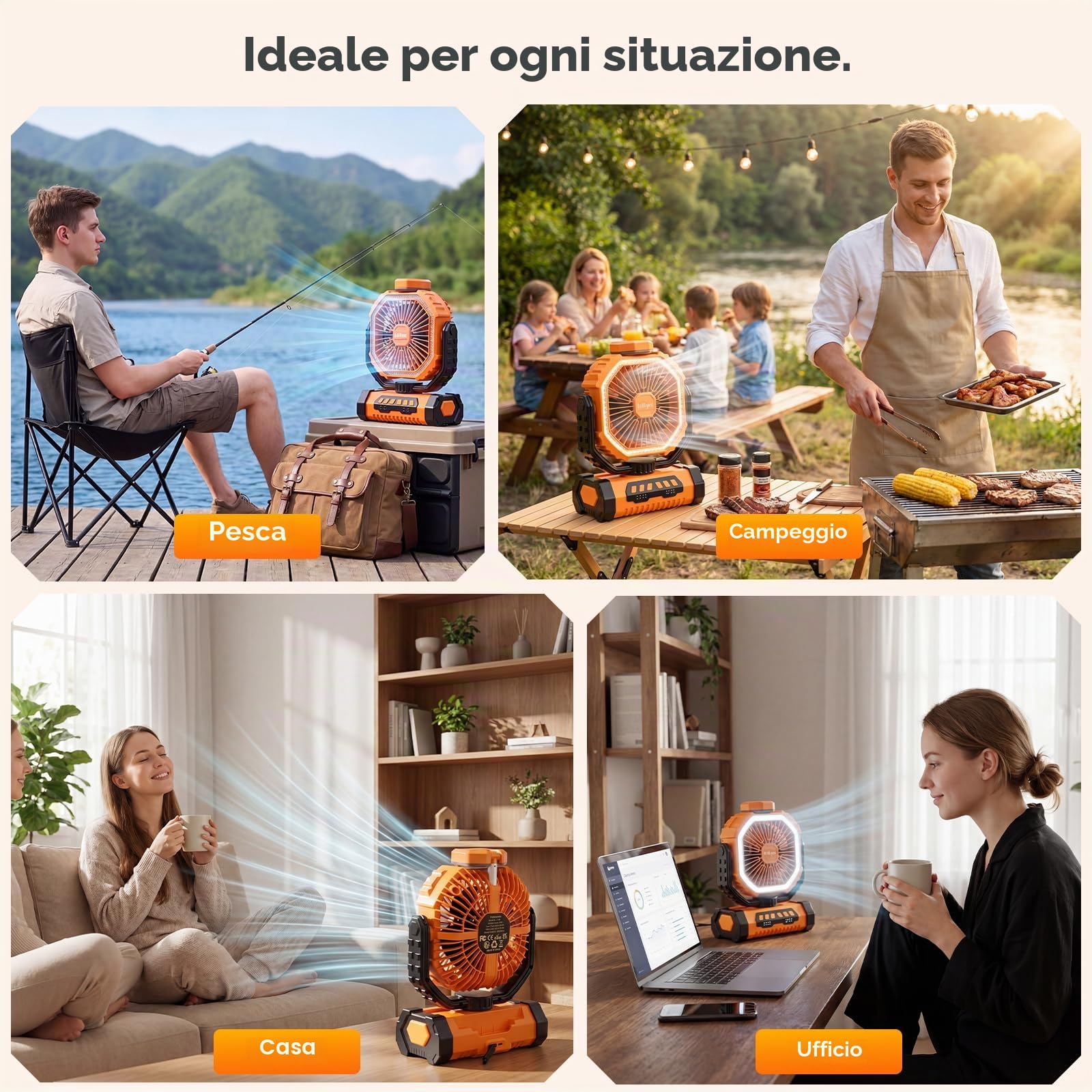 Ventilatore da Campeggio con Luce, Alimentazione a Batteria 20000mAh, Ventilatore Portatile Ricaricabile con Telecomando e Gancio Rotante a 360°, 4 Velocità per Interni, Viaggi, Camper (Arancione)