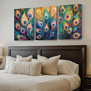 Peacock Feather Canvas Wall Art,Feather Wall Art,Peacock Painting,Colorful Pictures Wall Decor for Living Room,Bedroom,Office (12" x 18" x 3 pcs)