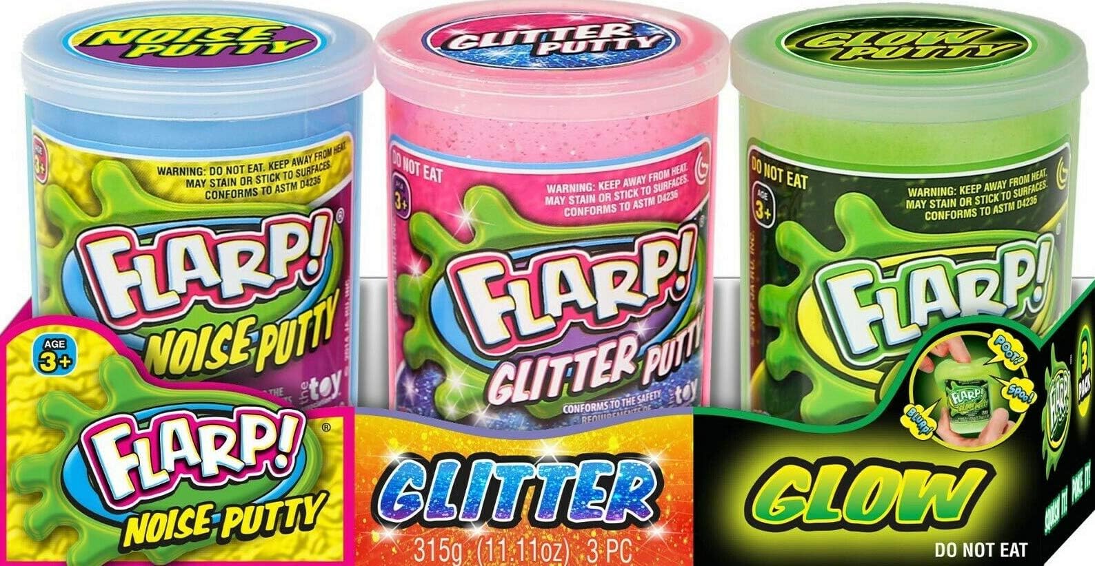 JA-RU Flarp Noise Putty Fidget Toy Variety Pack (1 Pack, 3 Units) Glow in The Dark, Glitter & Classic Noise Putty for Kids, Sensory Stress Relief Toy & Slime Party Favors. 338-1