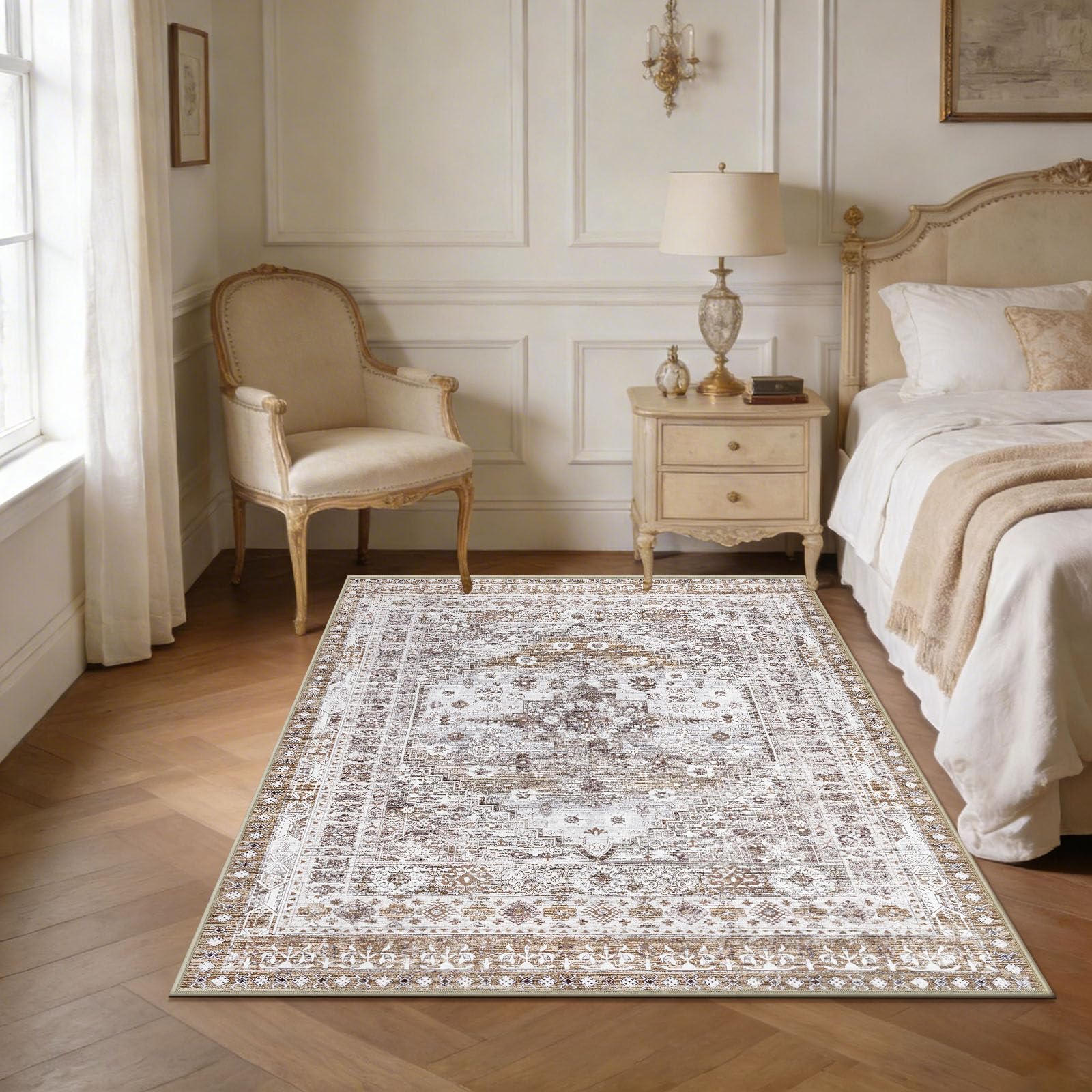 Capslpad Vintage Teppich Wohnzimmer 120x180cm, Kurzflor rutschfest Waschbarer Teppiche, Weich Boho Wohnzimmerteppich für Schlafzimmer Büro Esszimmer, Braun