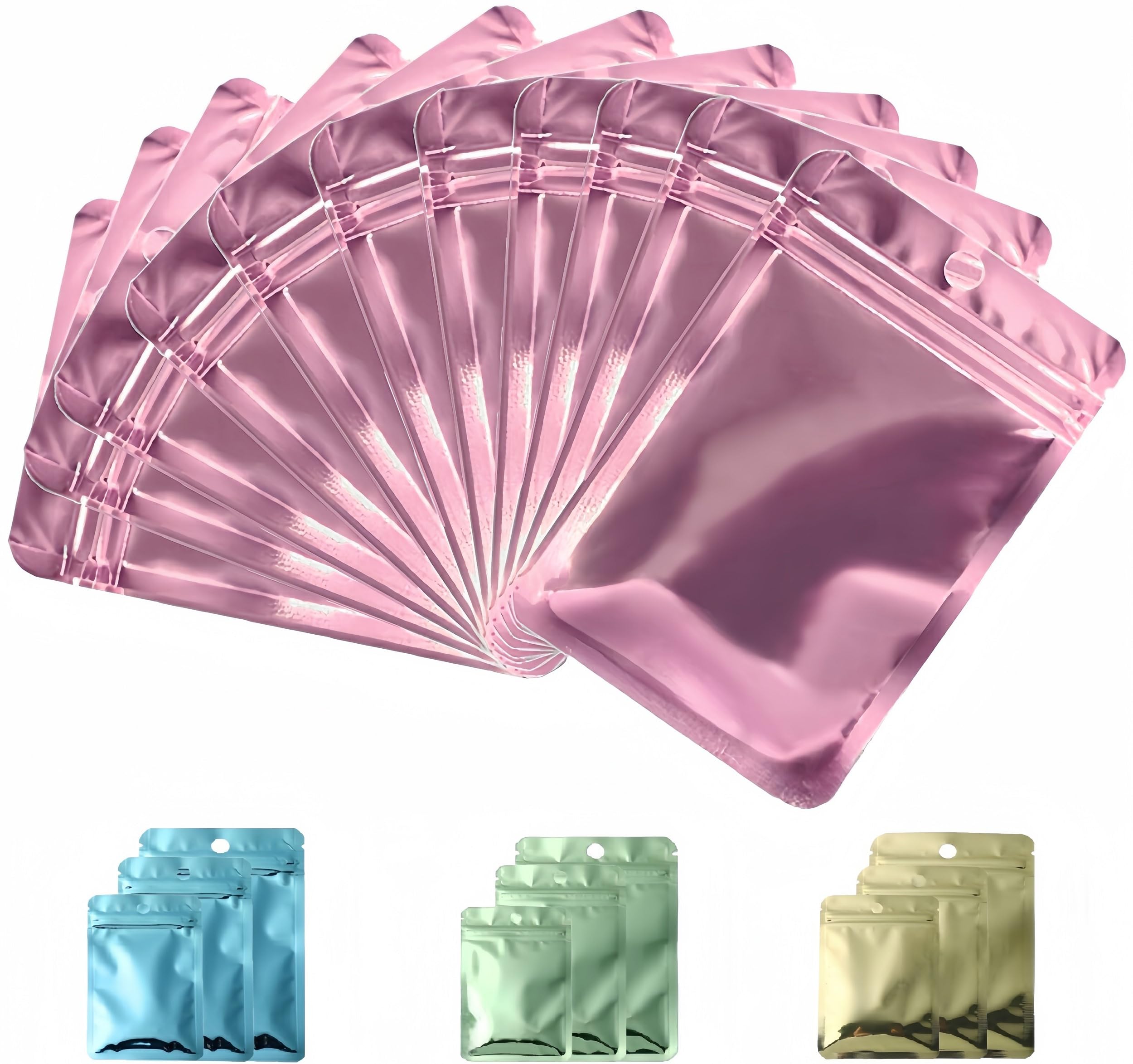 Rimiko Metallic Pink 50Pcs Resealable Sample Bags, Small Ziplock Mylar Bags With Hanging Hole, Clear Foil Bags For Sample Packaging, Retail, Food And Items Storage (, 5.5"X 7.9")