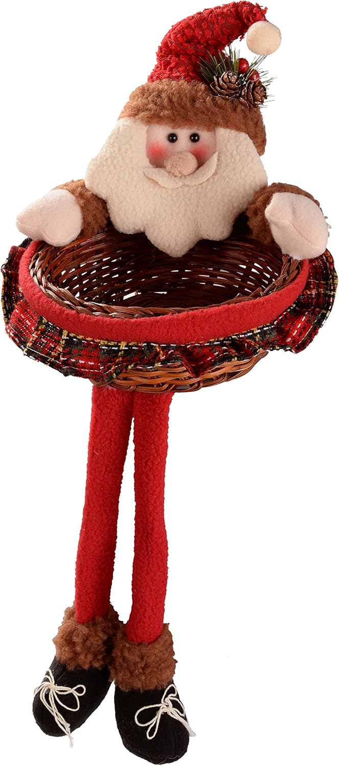 45 Cm Father Santa Claus Nuts Treats Sweets Christmas Wicker Basket Table Decoration in Red and Green Tartan