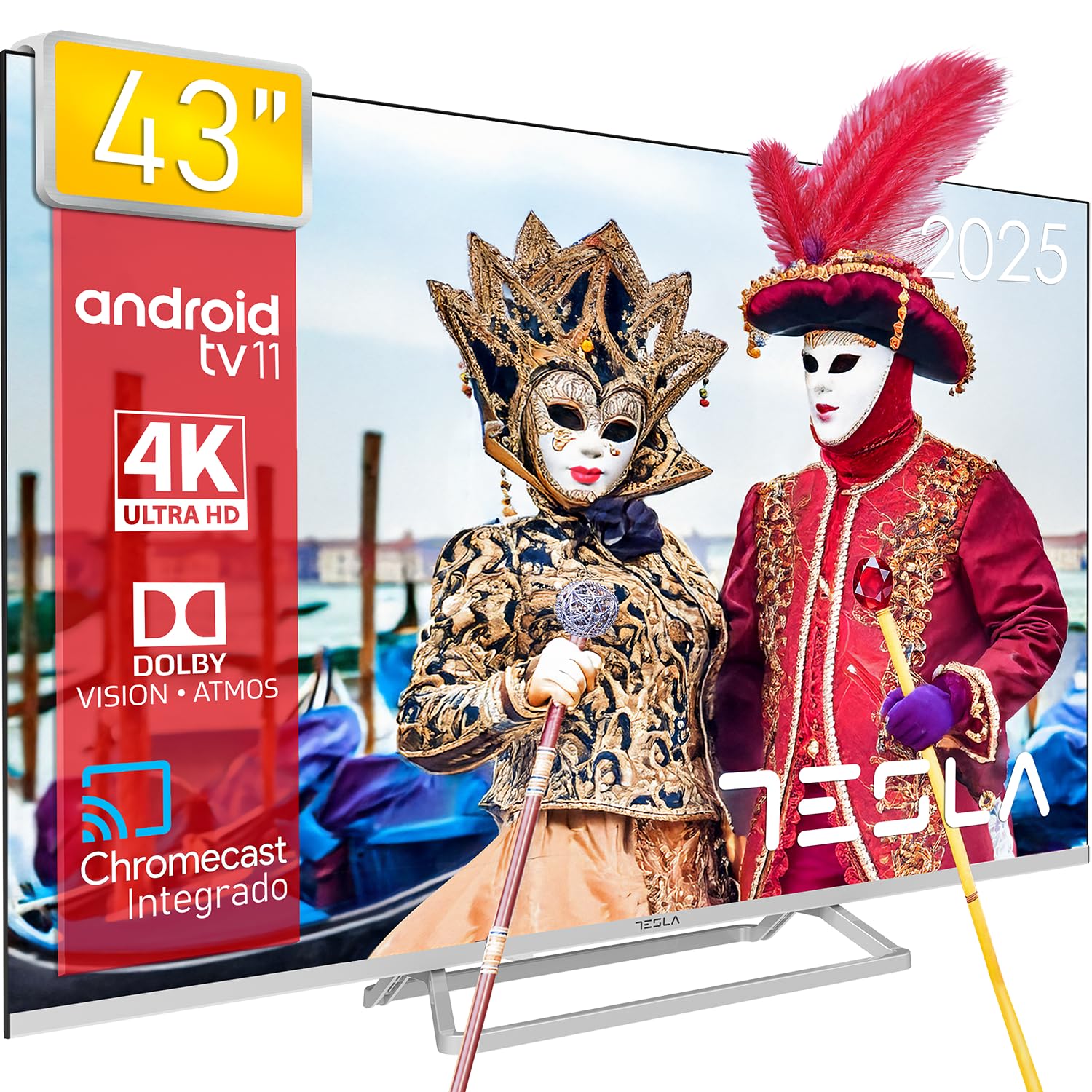TESLA - Smart TV de 43" (109cm), Televisión Resolución UHD, Android TV 11, Hey Google Official Assistant, WiFi & Bluetooth, 2 Altavoces 10W, Chromecast Integrado, HDR10 3.840x2.160 (43E635SUS) - 2025
