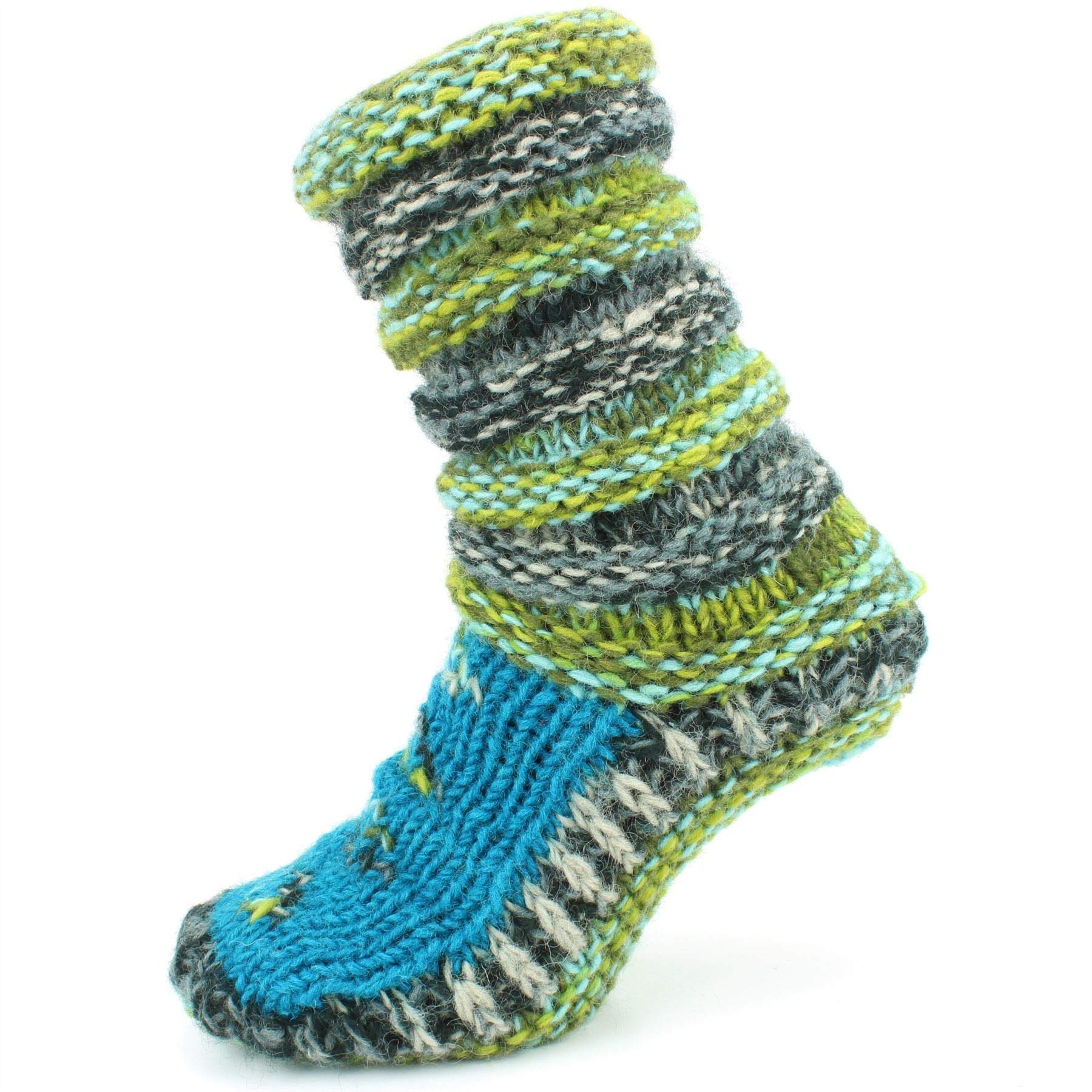 Loudelephant Unisex Blue Green Chunky Wool Knit Slipper Socks - Blue & Green