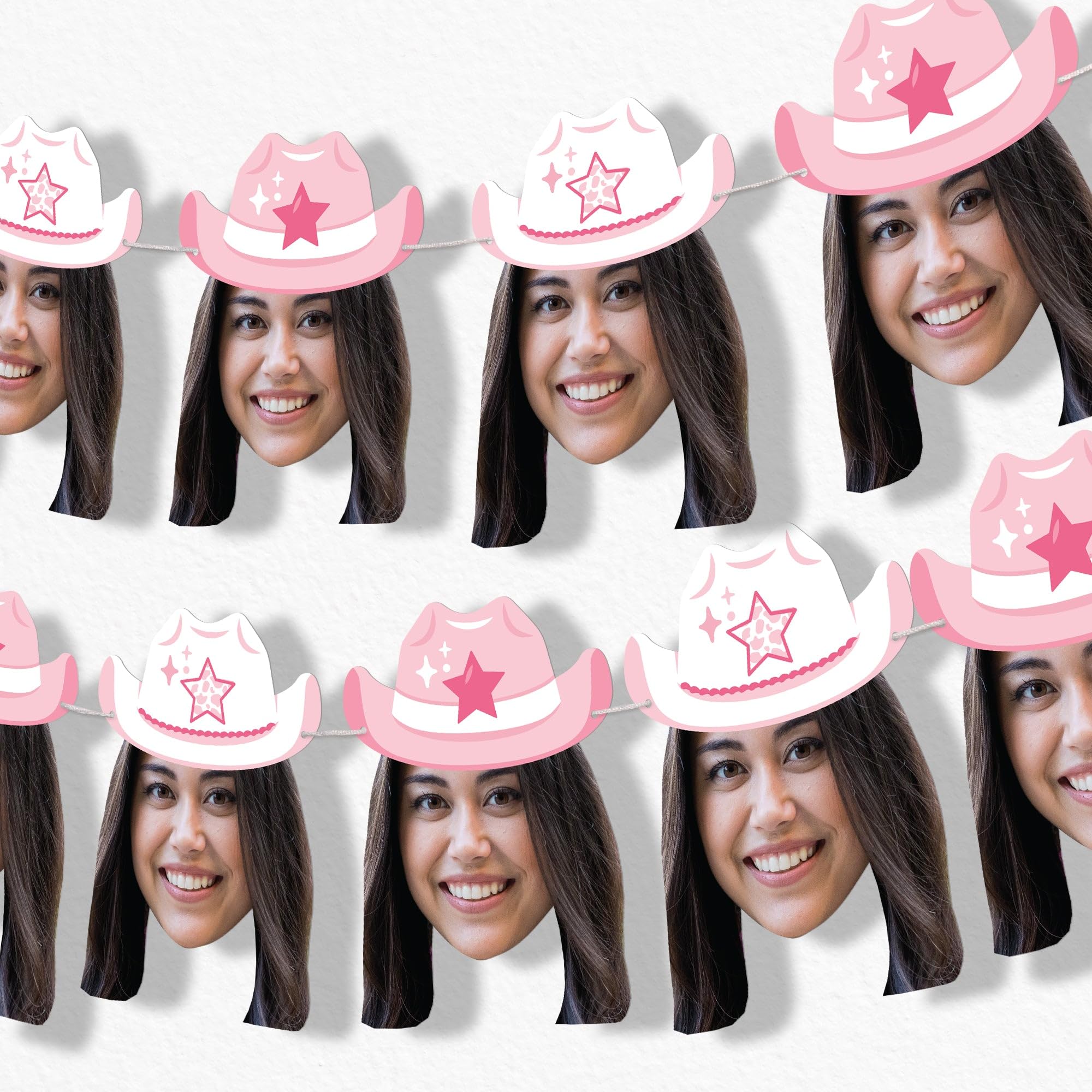 Big Dot of Happiness Custom Rodeo Cowgirl Face Cut Out Garland Banner, Personalized Pink Western Hat Party Banner, 30 Feet of Cord, 10 Photo Face Cut
