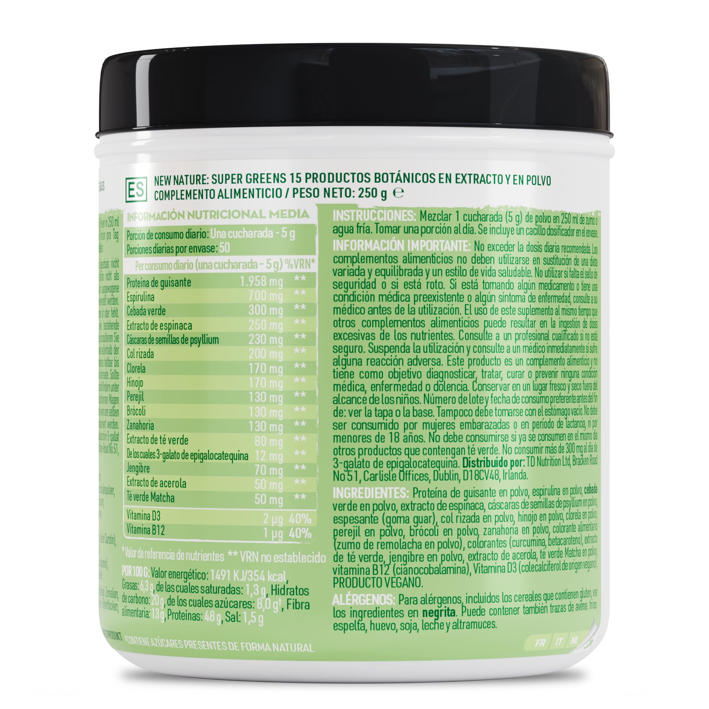 New Nature Super Greens en Polvo 250 g - 15 Superalimentos, Vegano | Espirulina, clorela, Matcha, col rizada y fibra de psyllium - Vitaminas D3 y B12 - 50 raciones - Sin edulcorantes - Vegano