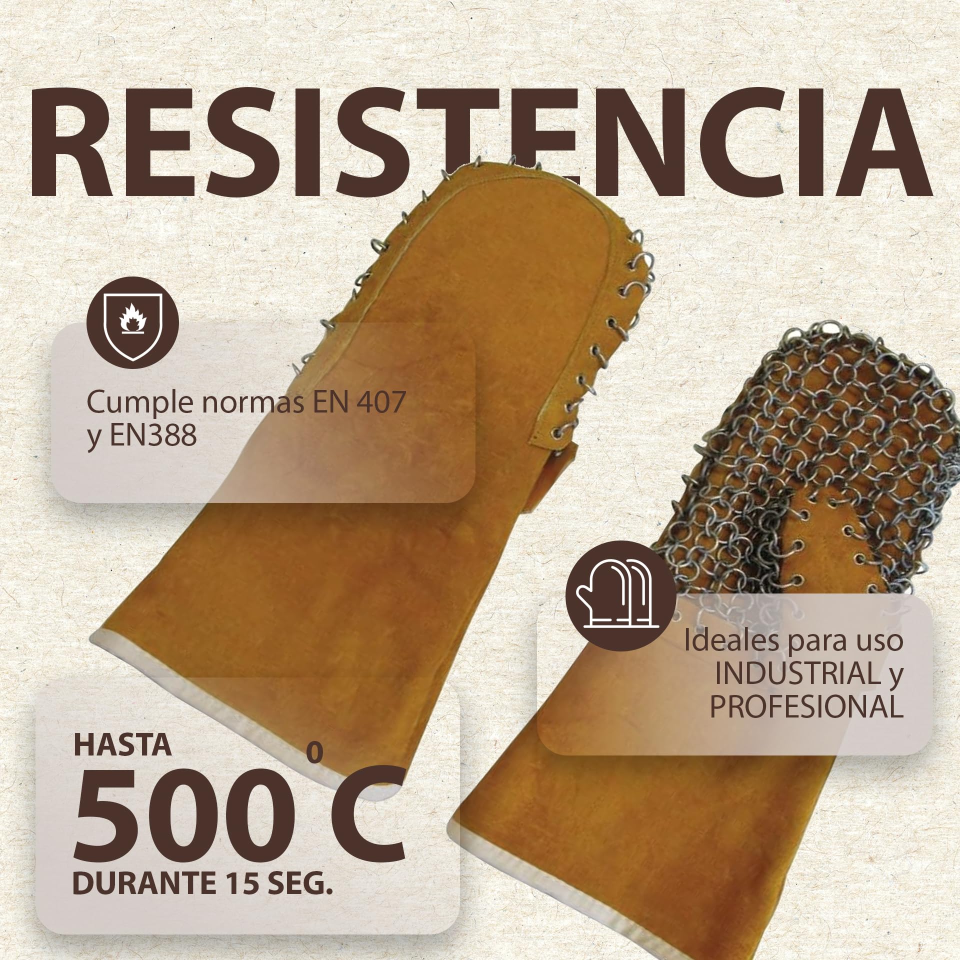 BALSAT Manoplas de Cuero con Serraje | para Horno de Cocina Profesional | Resistentes al Calor 500 °C | Manoplas para Barbacoa, Panadería y Cocina Industrial | Protección Térmica y Antideslizante