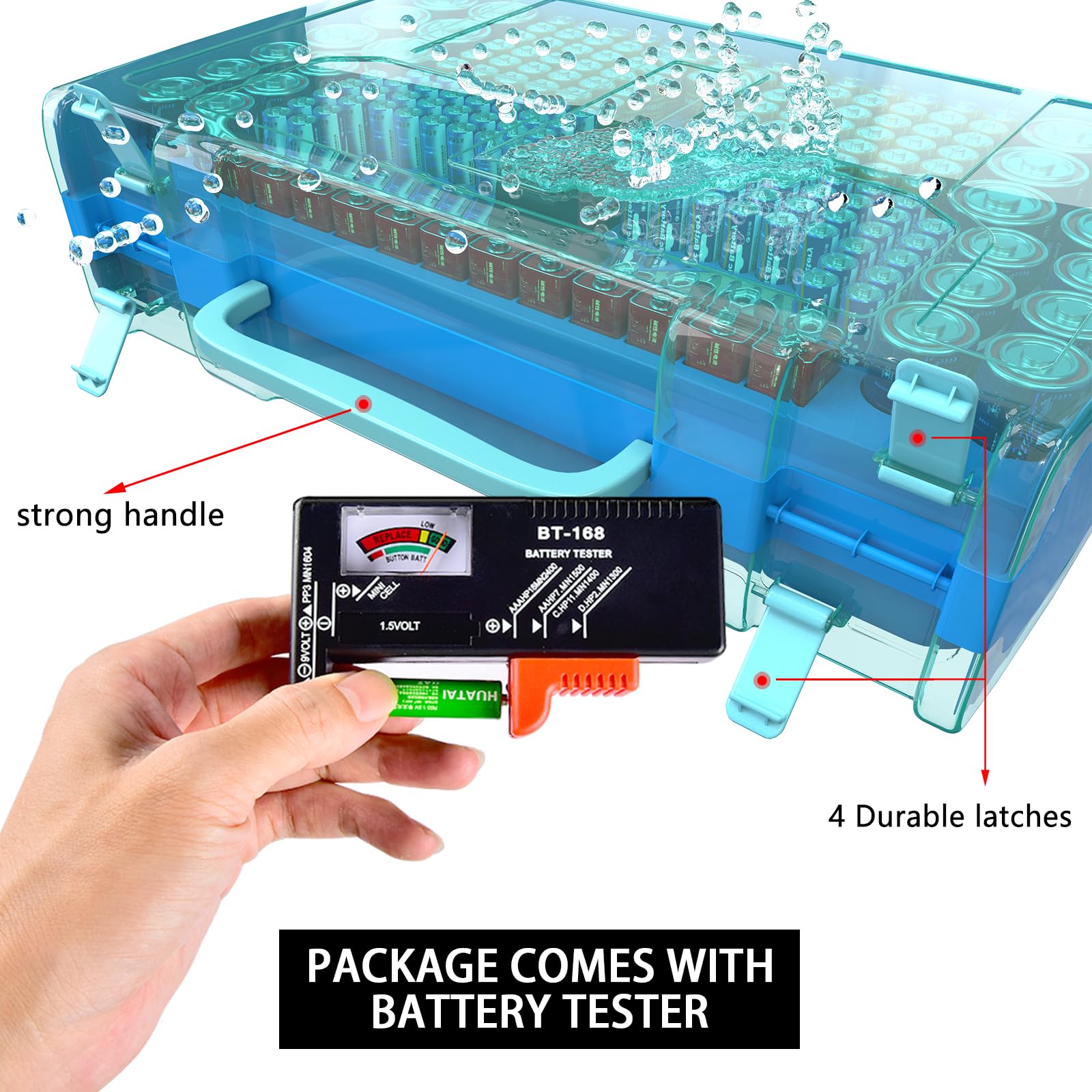 Grande capacità 269 Battery Organizer Case con tester, doppio lato porta batteria contenitore per batterie AA AAA AAAA C D 9V al litio 3V CR123 CR1632 18650 (solo scatola) (blu)