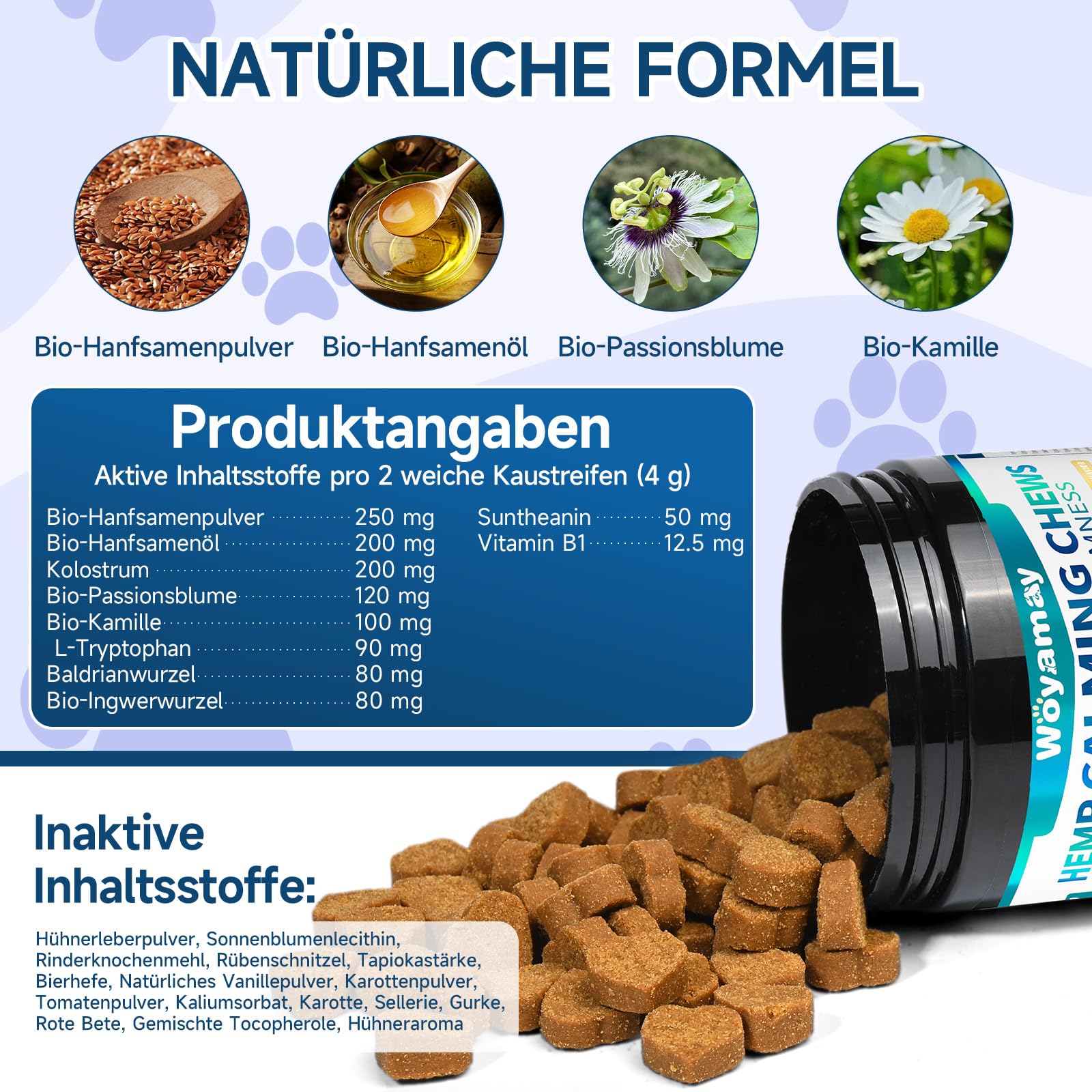Woyamay Beruhigungsmittel für Hunde-200 Stück Natürliche Beruhigungsmittel Snacks für Hunde, Gegen Trennungsangst, Bellen, Feuerwerk & Gewitter – für Alle Hunderassen, Hähnchengeschmack