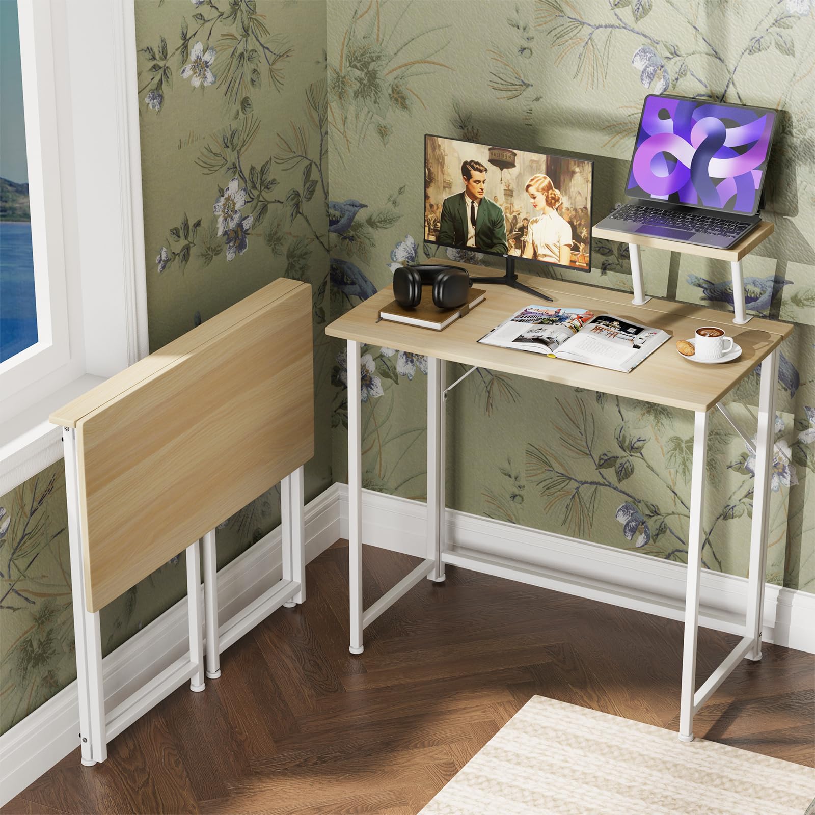 Table de Bureau Pliante, Bureau Pliant pour Petits Espaces Table d'Ordinateur Portables avec Support écran Bureau d'Ordinateur Pliable Informatique Pliable pour Travailler 80 x 45 x 75 cm