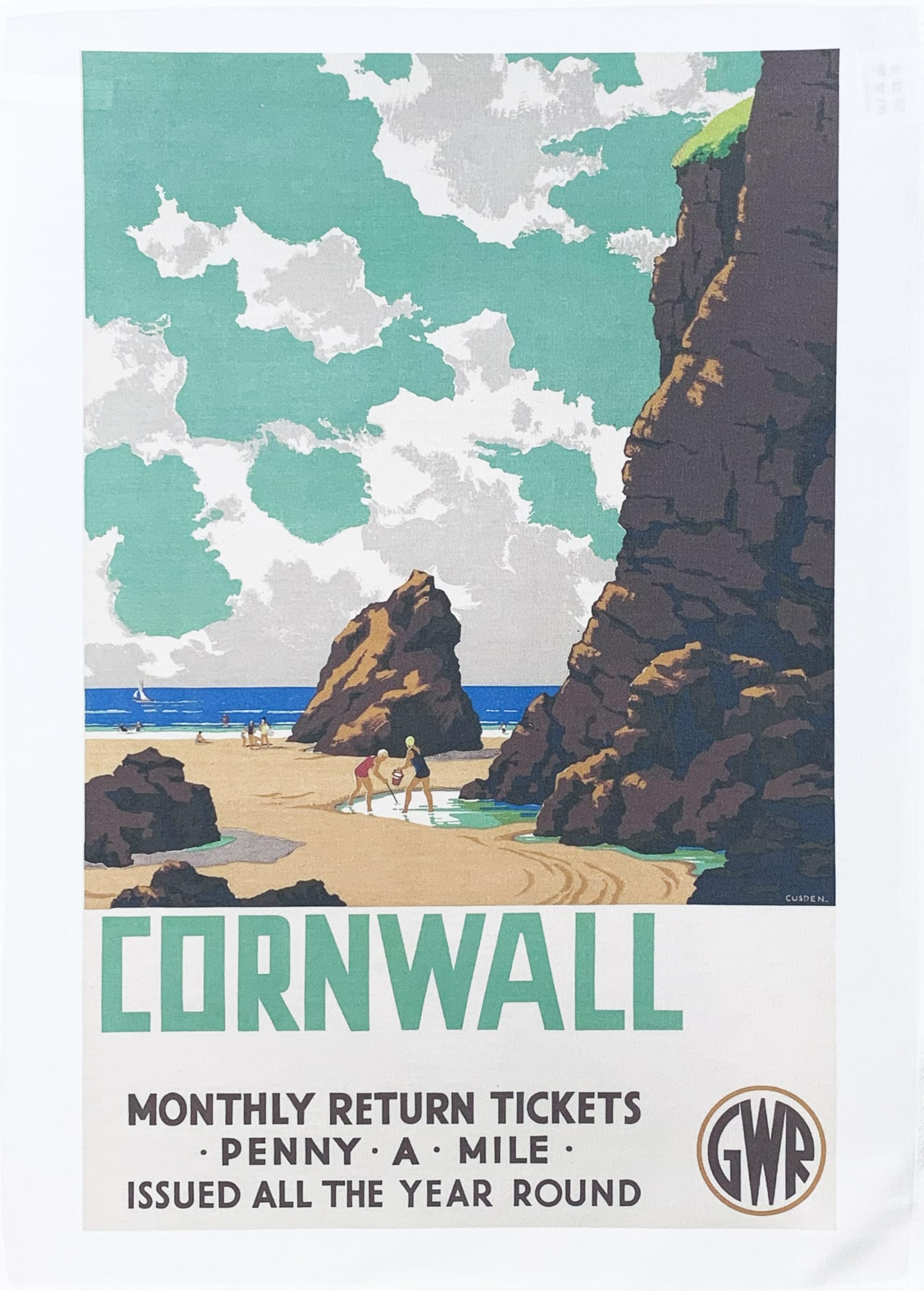 Half A Donkey White Cornwall Travel Large Cotton Tea Towel