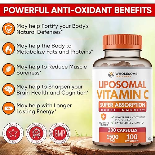 Miniatura 6 de Cápsulas liposomales de vitamina C (200 pastillas de 1500 mg de amortiguación) de alta absorción VIT C, sistema inmunológico y refuerzo de colágeno,