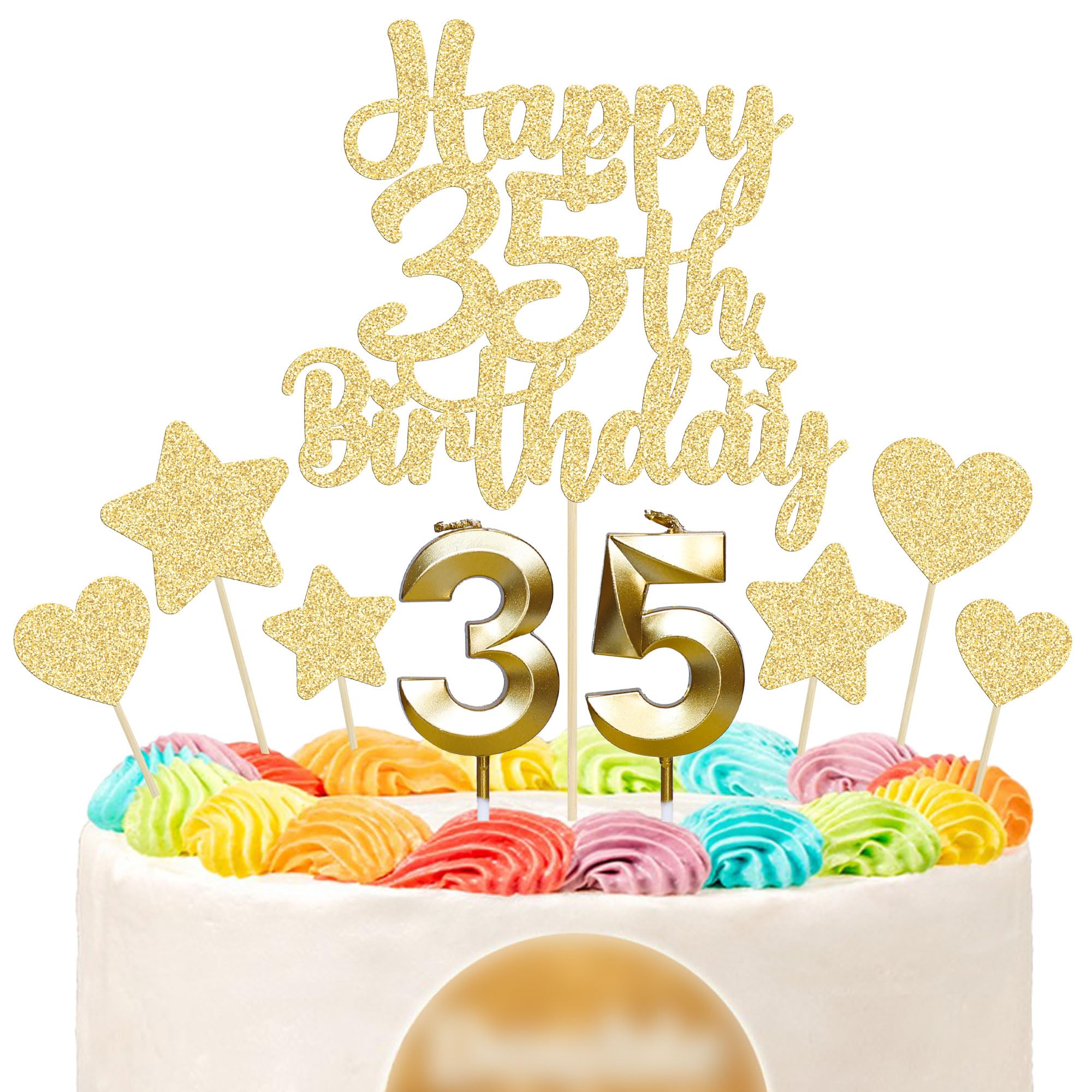 Gyufise 15Pcs Happy 35th Birthday Cake Topper Set with Heart Star Glitter Cheers to 35 Years Cake Picks Number 35 Candles Cake Decorations for Happy 35th Birthday Anniversary Party Supplies Gold
