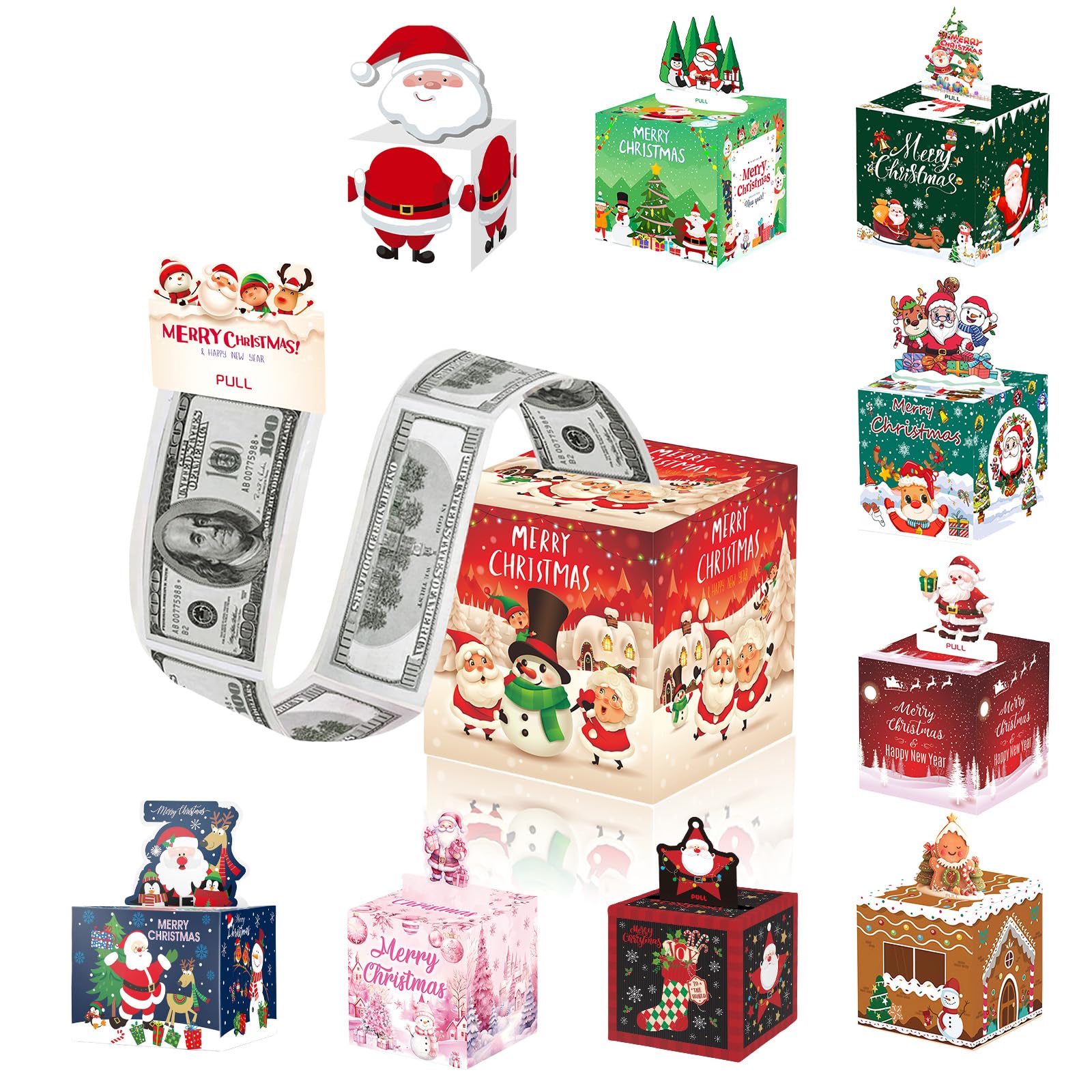 Christmas Money Box for Cash Gift,Christmas Pull Surprise Money Gift Box for Kid/Adult Presents,Money Cake Pull out Cash with Xmas Card and 50P Bags,Money Reveal Boxes Xmas Party Money Boxes for Cash