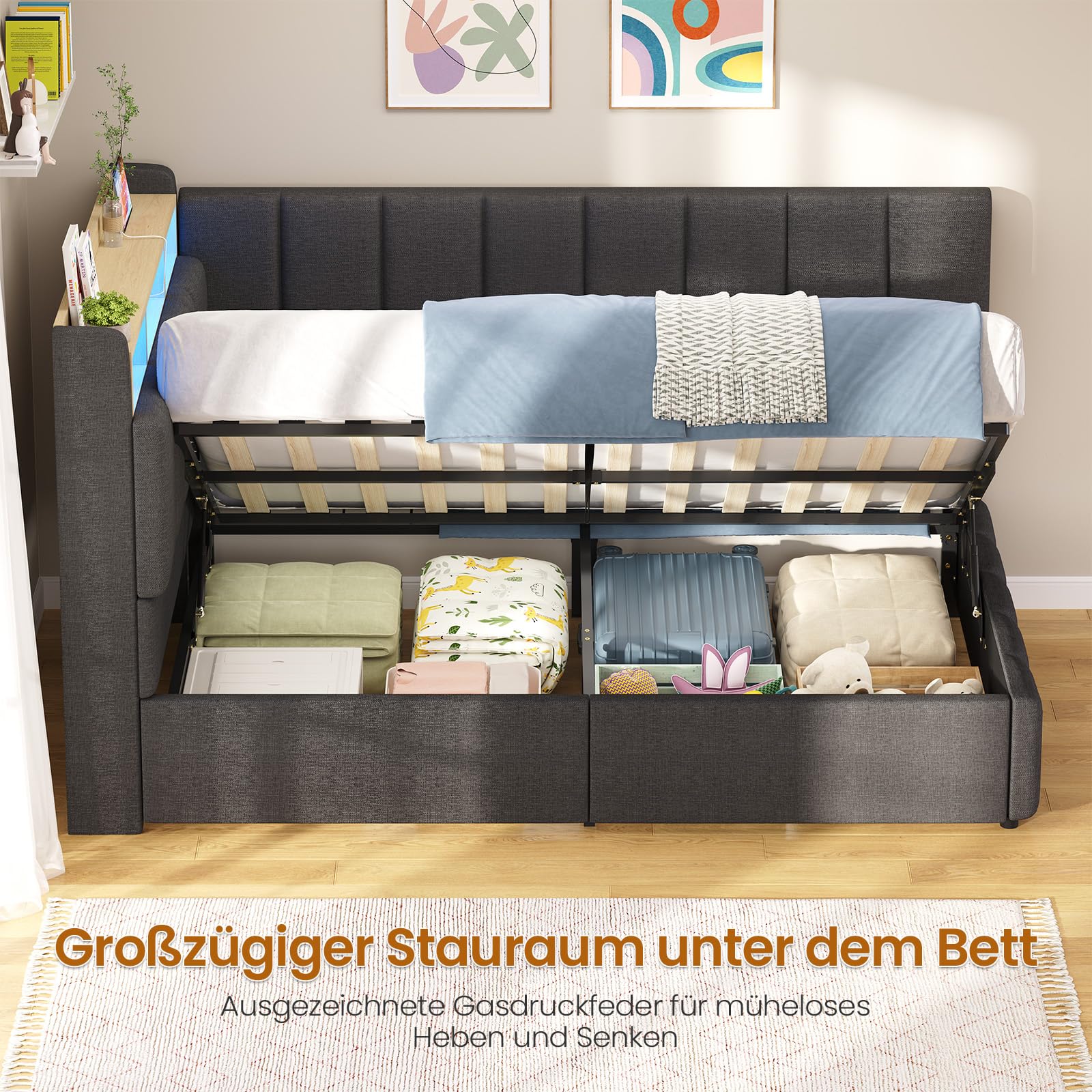 Polsterbett mit LED Beleuchtung, Jugendbett 90 x 200 cm, boxspringbett mit Ladestation, Kopfteil mit verstecktem Stauraum, Bettgestell mit großer Bettkasten, für Schlafzimmer, Gästezimmer, Grau