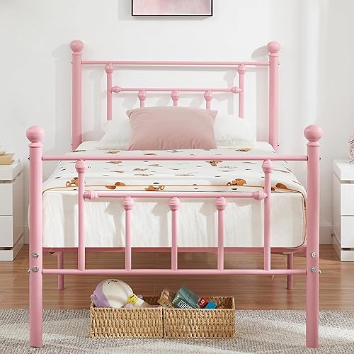 VECELO Twin Size Metal Platform Bed Frame with Headboard and Footboard, Heavy Duty Slat Support/No Box Spring Needed Mattress Foundation/Underbed Storage Space