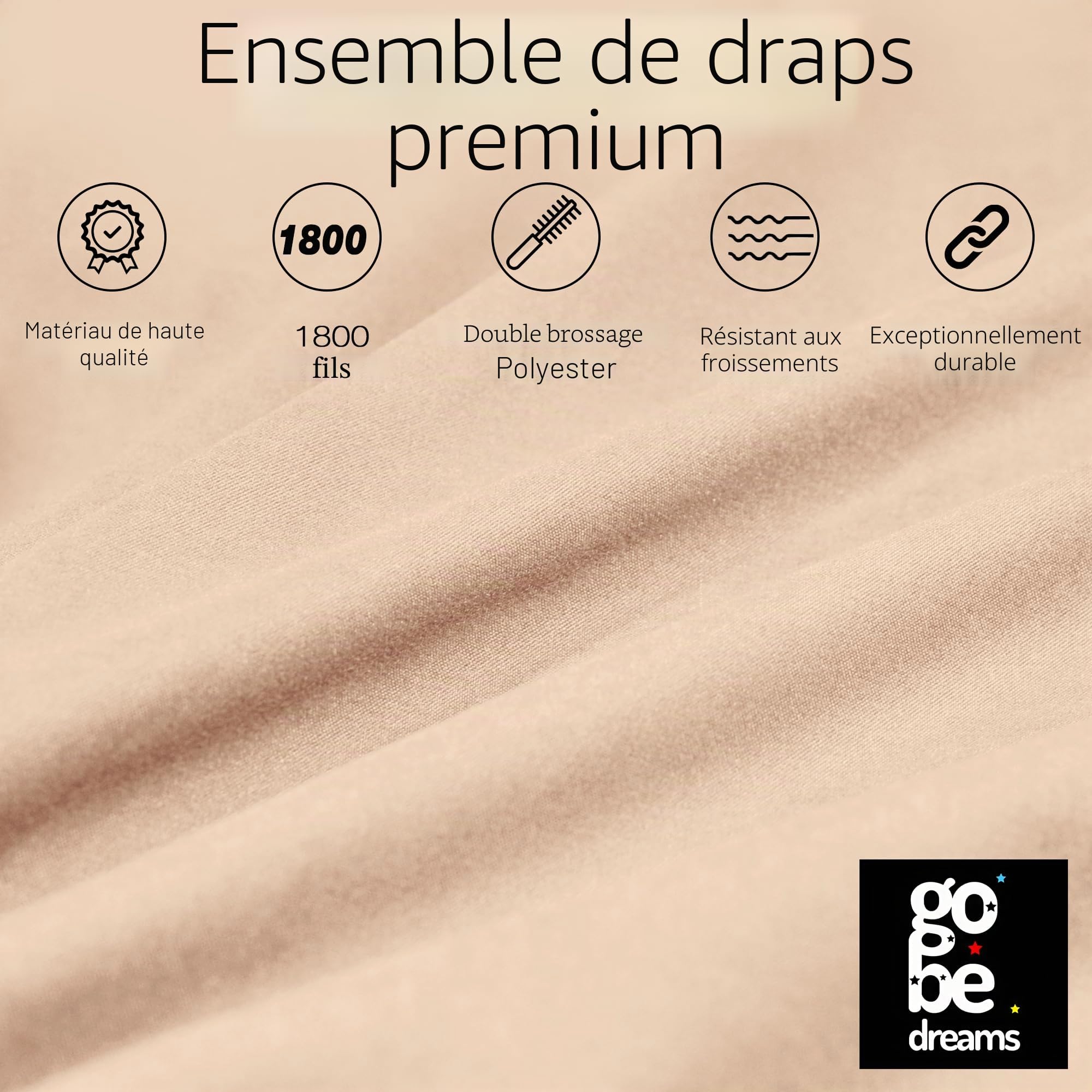 Ensemble de Draps 4 Pièces 180x190/200, draps de lit en Microfibre de Polyester brossée. Drap Plat, Drap-Housse Ajustable et 2 taies d'oreiller. Couleur Beige