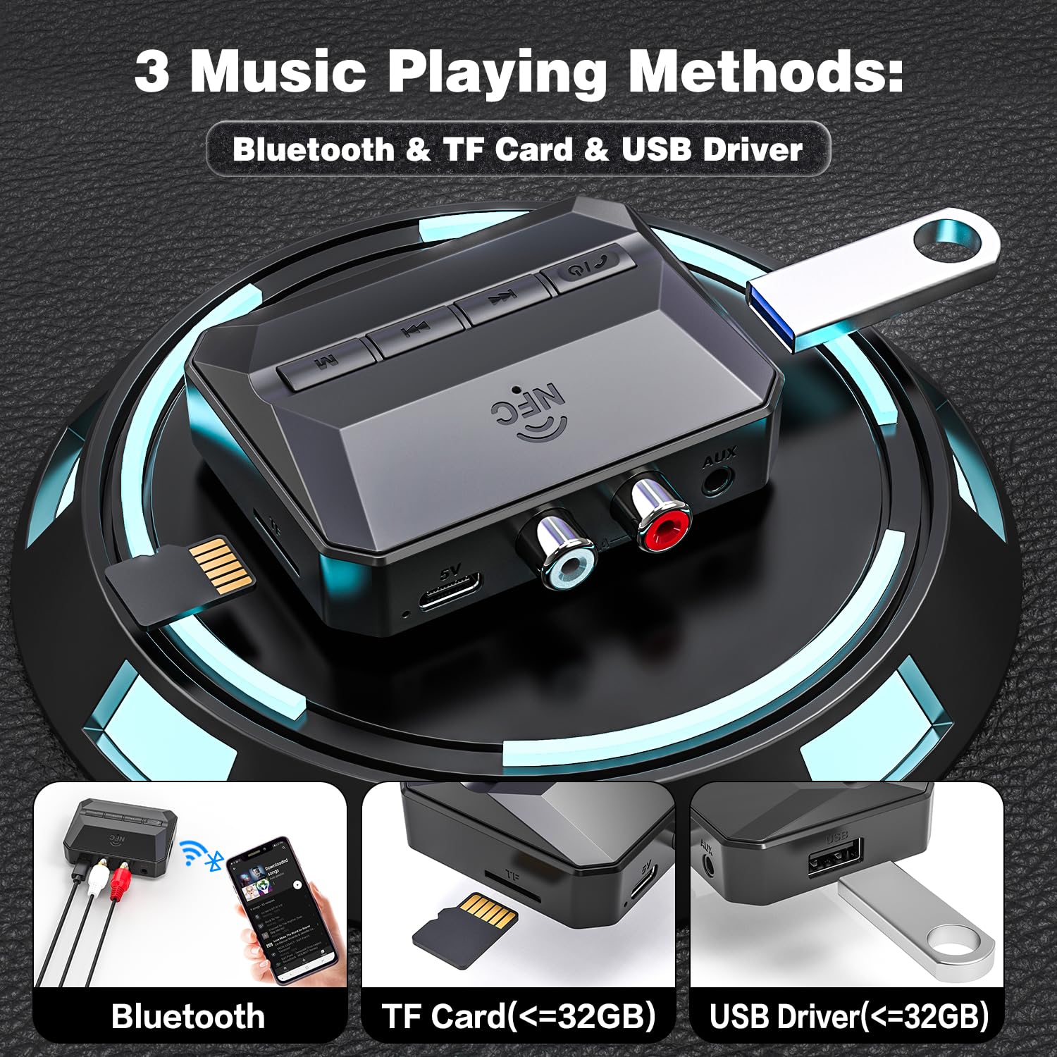 Receptor Bluetooth, adaptador de audio inalámbrico con Bluetooth 5.3 | Salida de tarjeta TF/RCA habilitada para NFC/3.5 mm AUX USB/TF, control de volumen/pista para altavoces estéreo domésticos