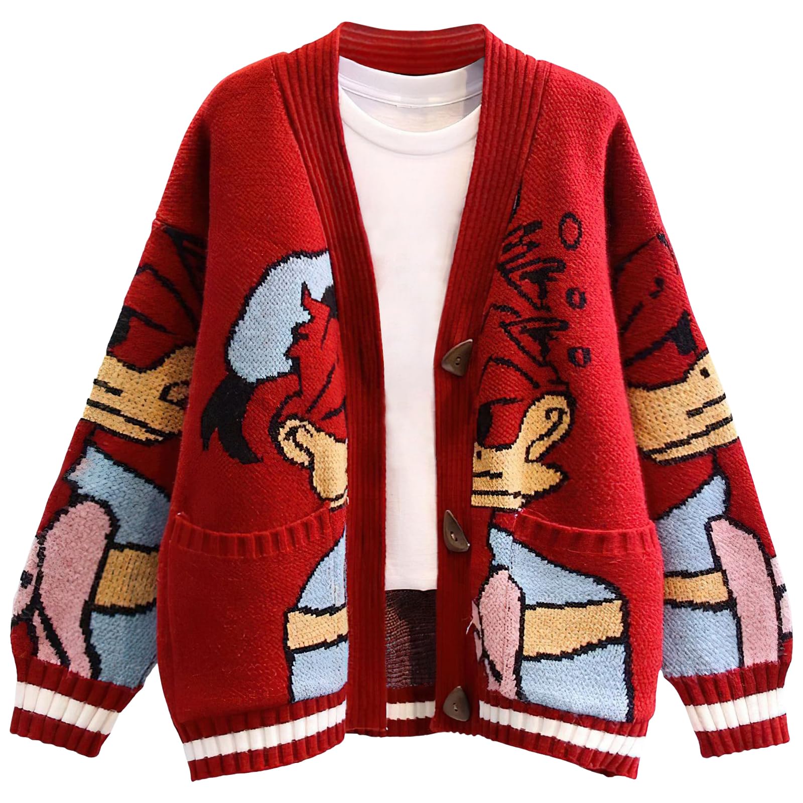 Leyoutx Womens Cute Embroidery Cartoon Duck Cable Knit Knitwear Cardigans Sweater Button Down Slouchy Wool Blend Coat, Red, XL