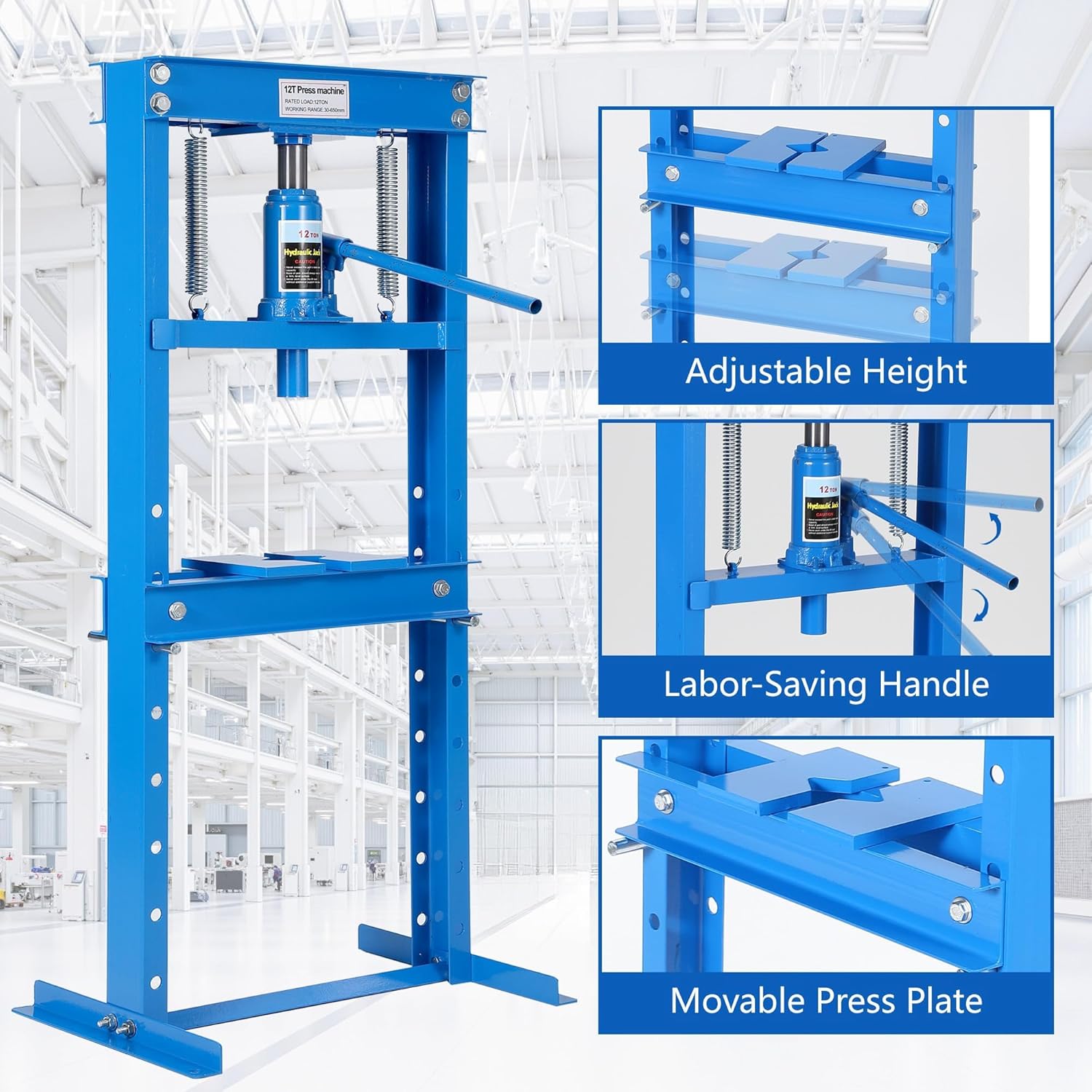 12 Ton Hydraulic Shop Press, Heavy Duty H-Frame Floor Press with Movable Plates, 5-Hole Adjustable, for Bearing Bending Straightening & Forming, Blue