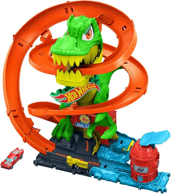 Hot Wheels City T-Rex Blaze Battle & 1:64 Scale Die-Cast Toy Car​​ | 18” Tall Track Set with Multiple Race Out, Dino's Eyes Spin When Knocked Out, JBM73