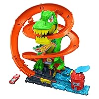 Hot Wheels City - T-Rex Battaglia Infuocata, playset stazione dei pompieri con dinosauro