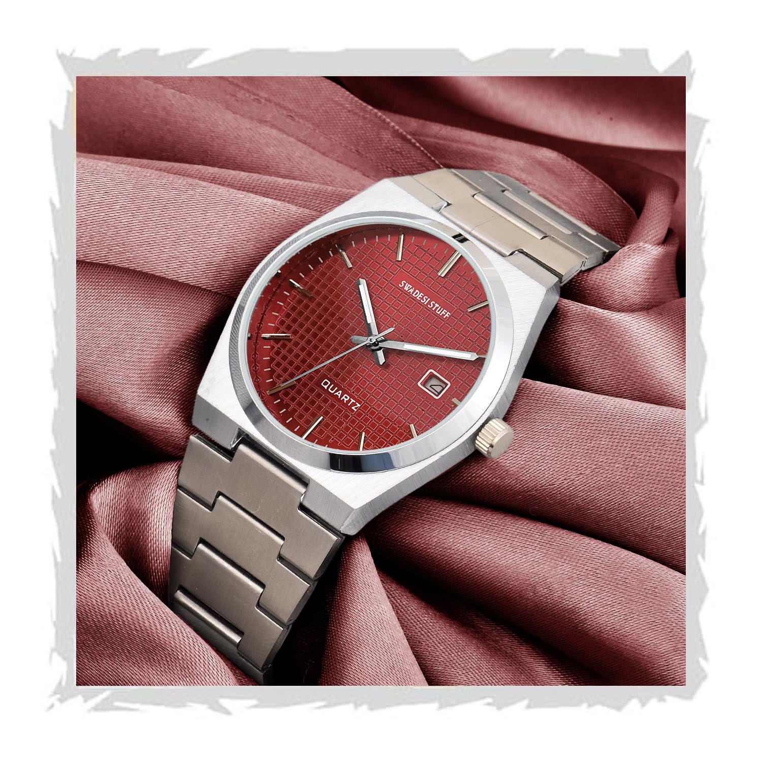 SWADESI STUFF Stainless Steel Date Display Mens Wrist Analogue Watch, Dial-Color:Multicolour, Band Color:Silver
