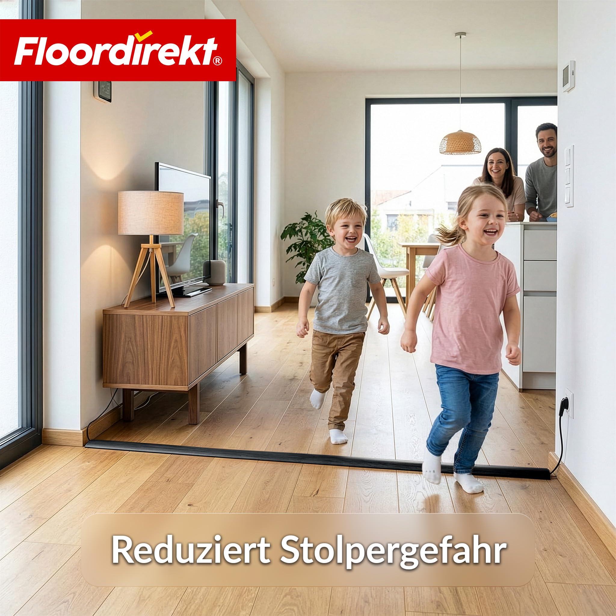 Floordirekt Fussboden Kabelkanal Stolperschutz - Schwarz 9 m - Boden Kabelschutz - für 2 Kabel - effektiver Stolperschutz, flexibel & zuschneidbar - Cable Guard