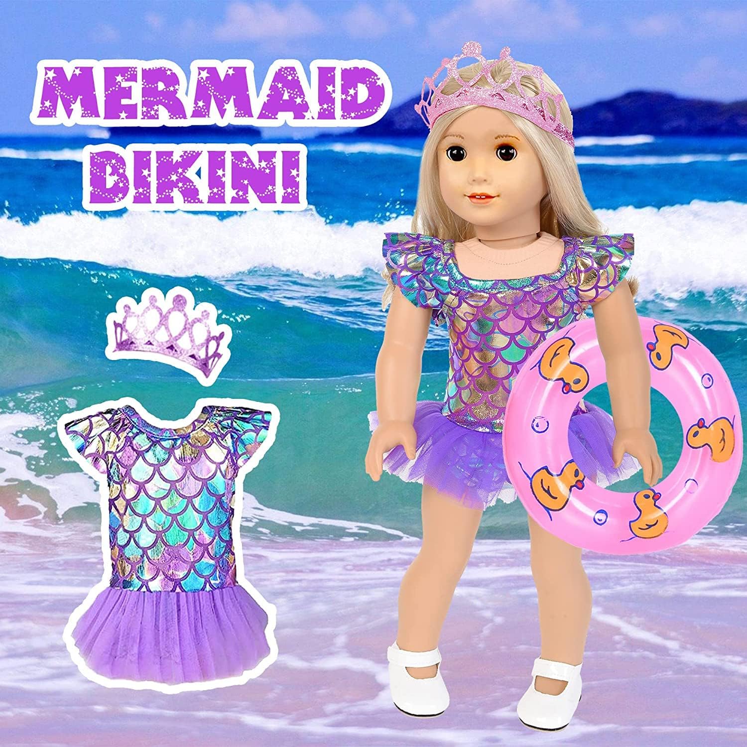Mermaid 18 inch Doll Clothes and Doll Accessories Case Luggage Travel Play Set Include Suitcase, Dresses, Bag, Camera, Glasses, Pillow, Eyeshade Etc (No Doll)