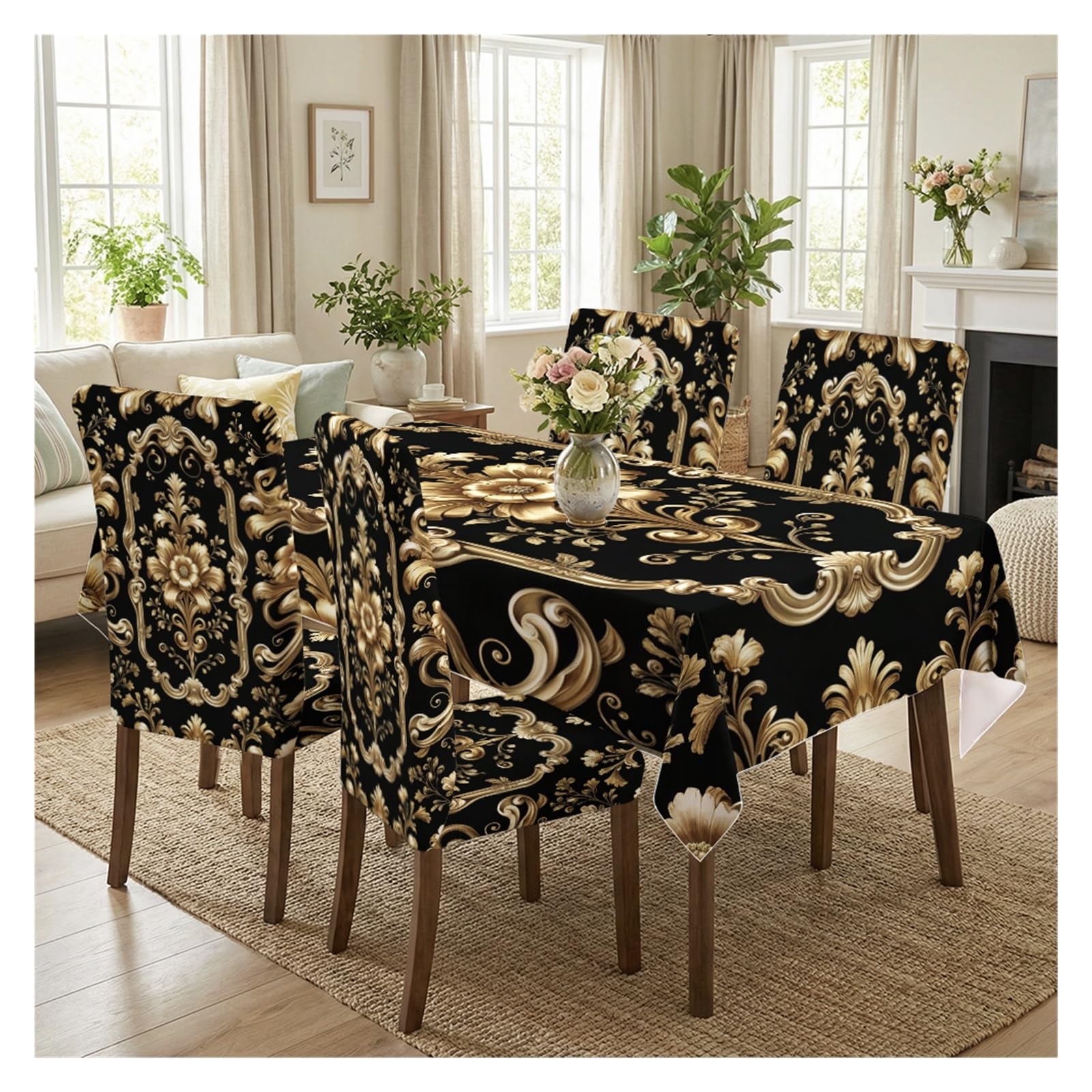 KXUAUV Stretch Dining Chair Slipcover & Tablecloth Set, Black Gold Baroque Floral Print, 5/7 Pack, For Formal Banquet Holiday Party Upscale Dining Decor Party Decor(5pcs Set: Tablecloth+Chair Covers)