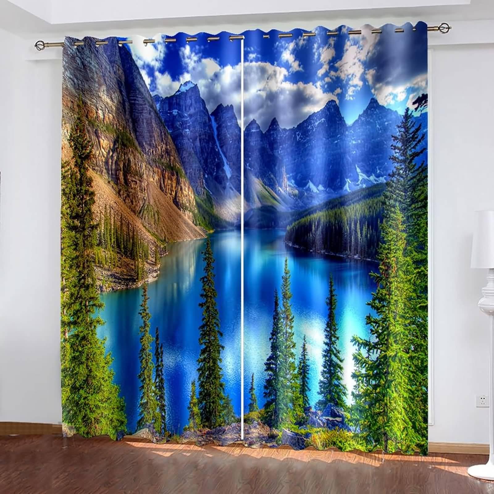 Blickdichter Vorhang mit Ösen, 234x244cm Blau Grün Braun See Gebirge Wald Landschaft Vorhang für Schlafzimmer-Fenstervorhänge