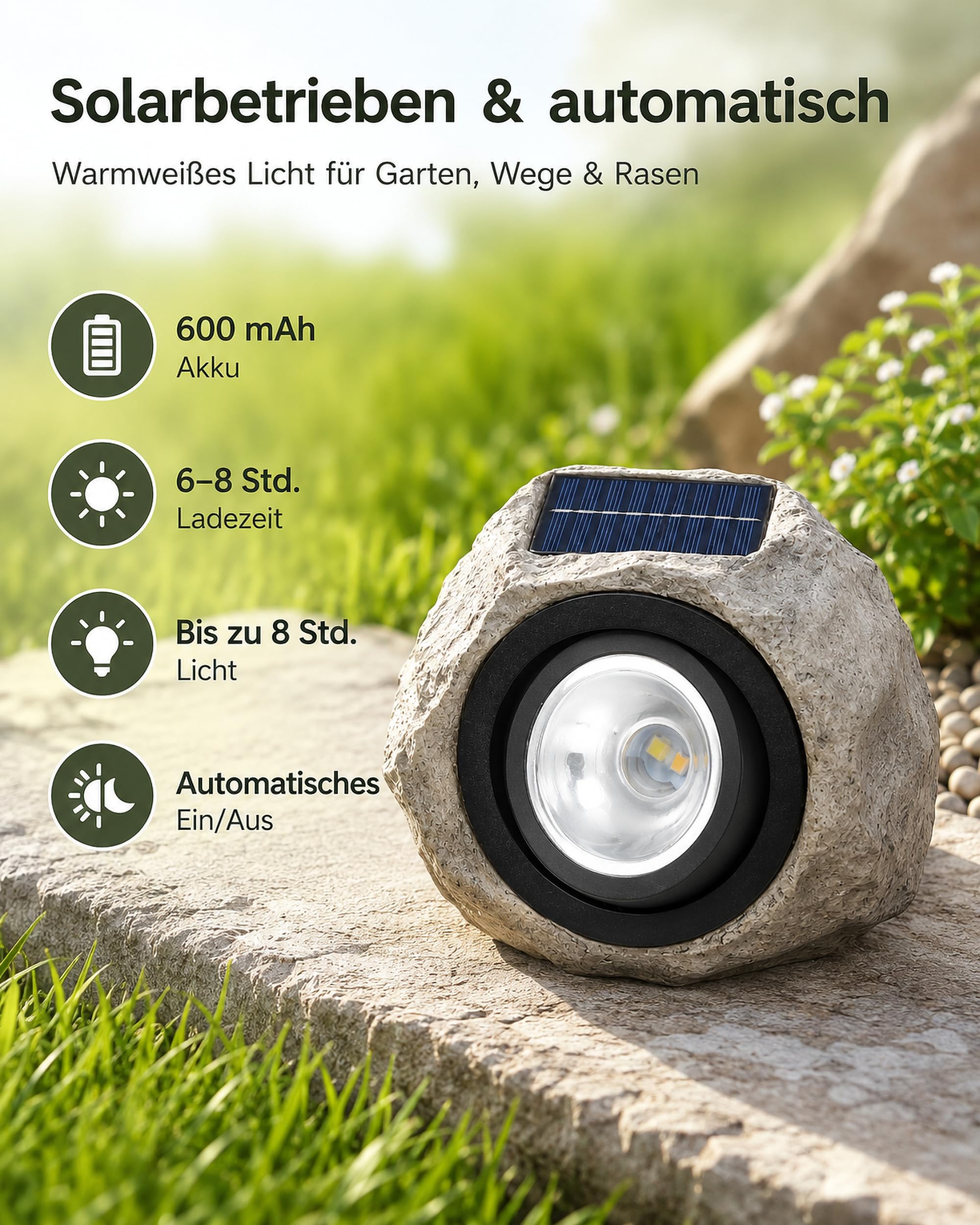 ACMHNC Solar Steinleuchten für außen, Ip65 Wasserdichte LED Gartenlampe in Naturstein-Optik, Warmweiße Bodenleuchten aussen Deko Solarsteine für Garten, Rasen,Wege,Patio, Yard