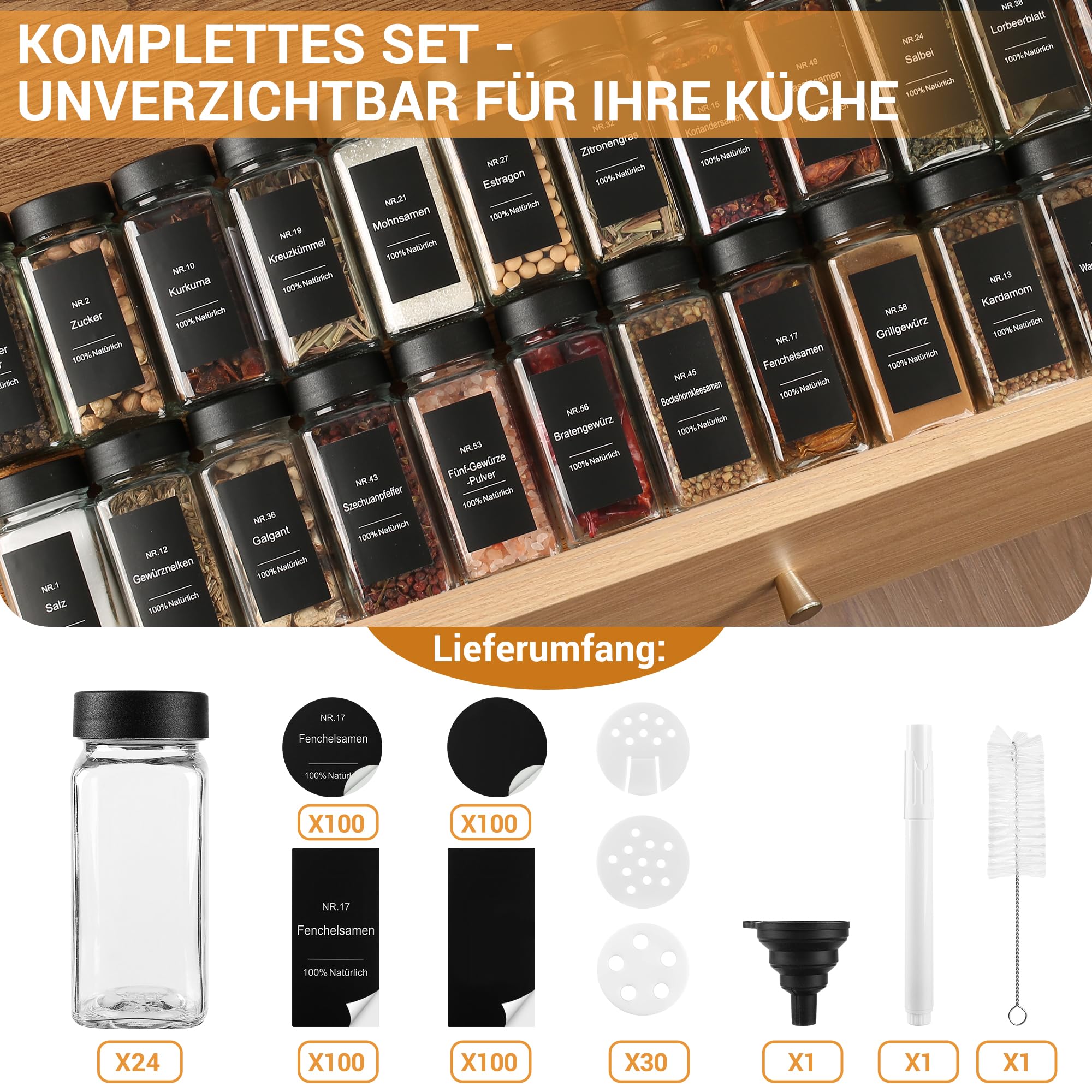 Gewürzgläser Eckig Set 24er - Gewürzdosen Glas 120ml mit Etiketten & Streueinsatz - Gewürzbehälter für Küche Spice Jars Gewürz Organizer mit Deckel