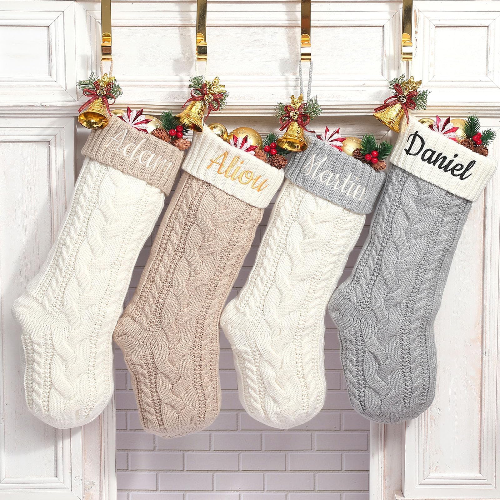 Infiher Personalised Christmas Stockings 18” Large Custom Name Family Christmas Stockings,Customised Embroidered Name Knitted Xmas Stockings for Initial Fireplace Hanging Decoration(Beige-1Pack)