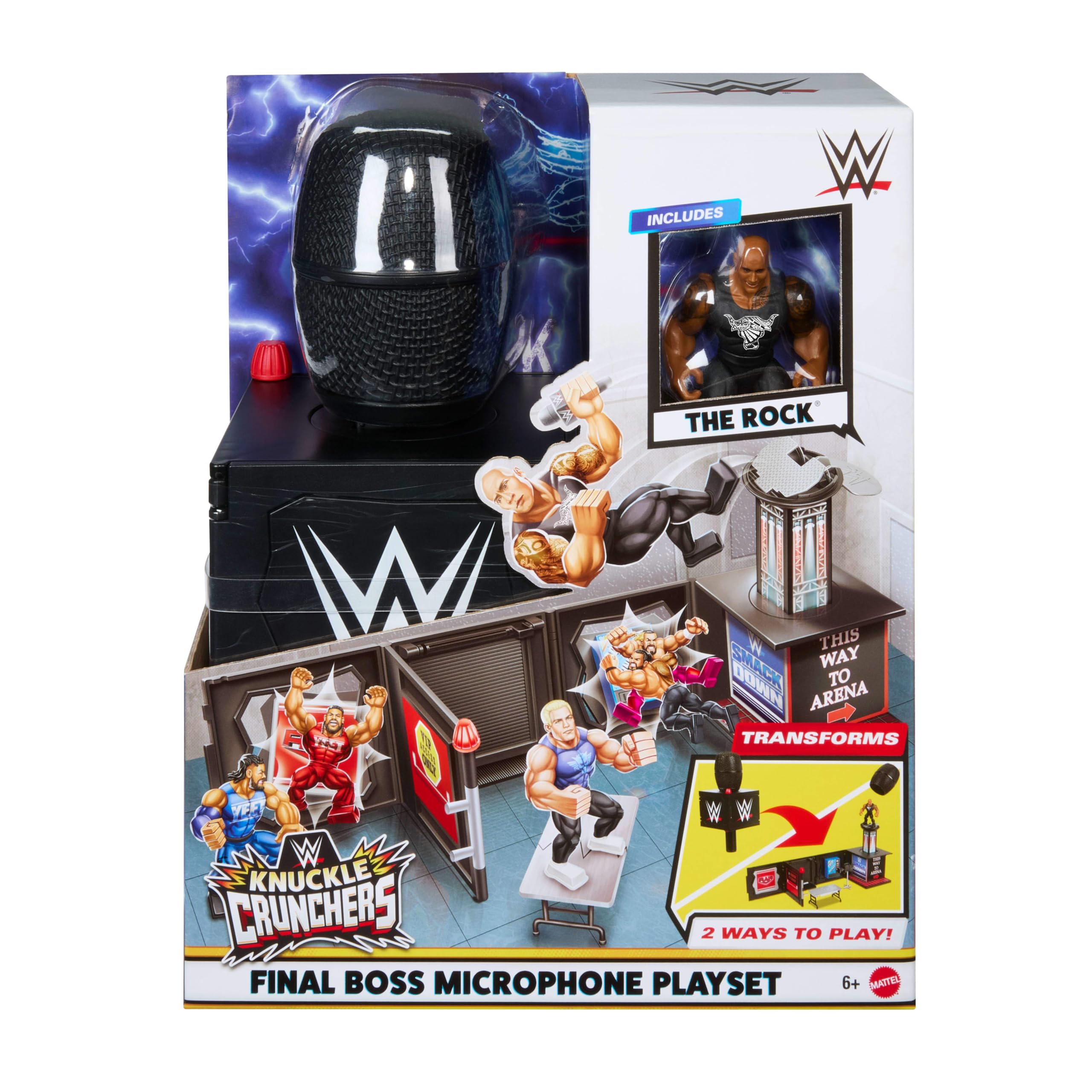 Mattel WWE Knuckle Crunchers - Microfono Campione Assoluto, set 2 in 1 con microfono e action figure personaggio The Rock da 8+ cm, 2 accessori inclusi, giocattolo per bambini, 6+ anni, JFX07