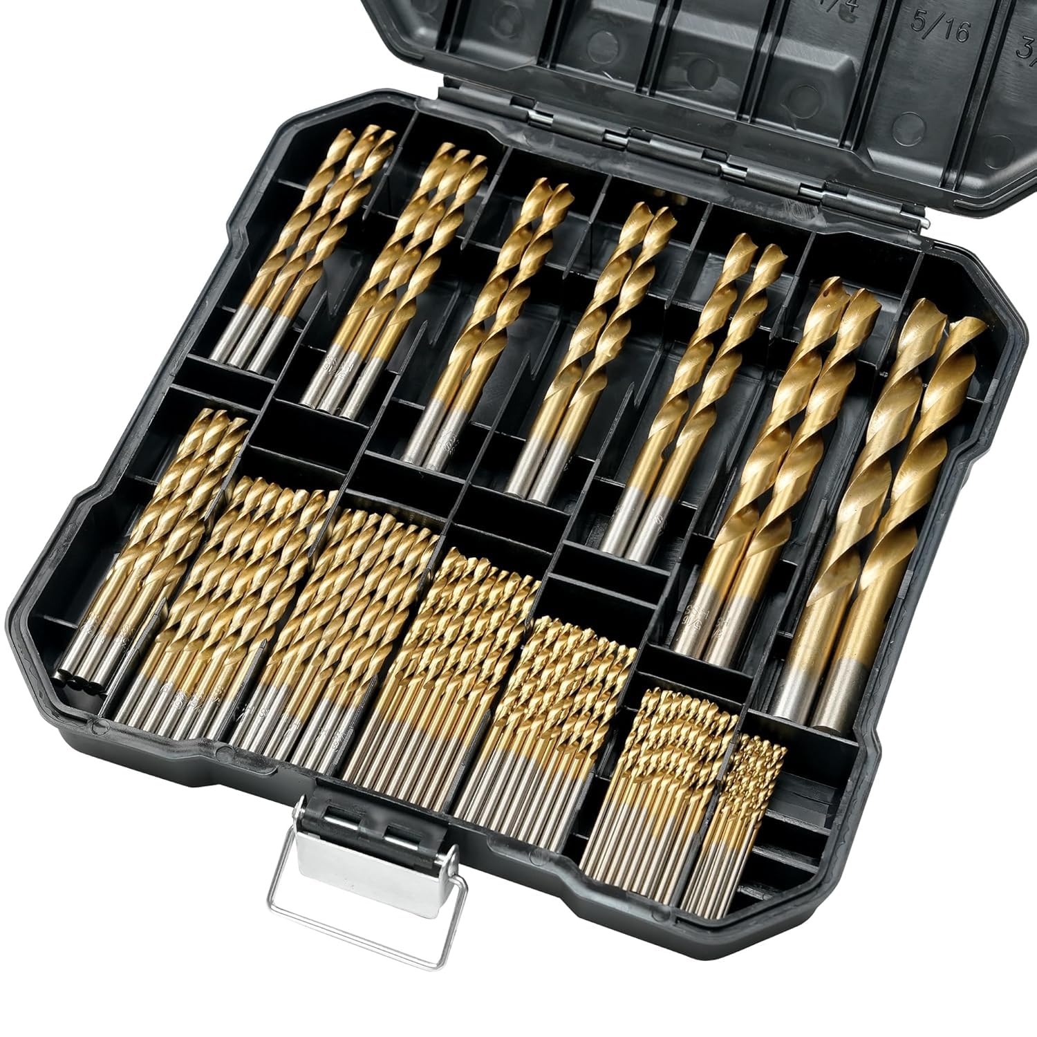 Juego de brocas (99 unidades, 1/16 "-3/8"), punta recubierta de titanio de acero de alta velocidad, juego de brocas para hierro, aleación de aluminio, cobre, madera, plástico, con caja de