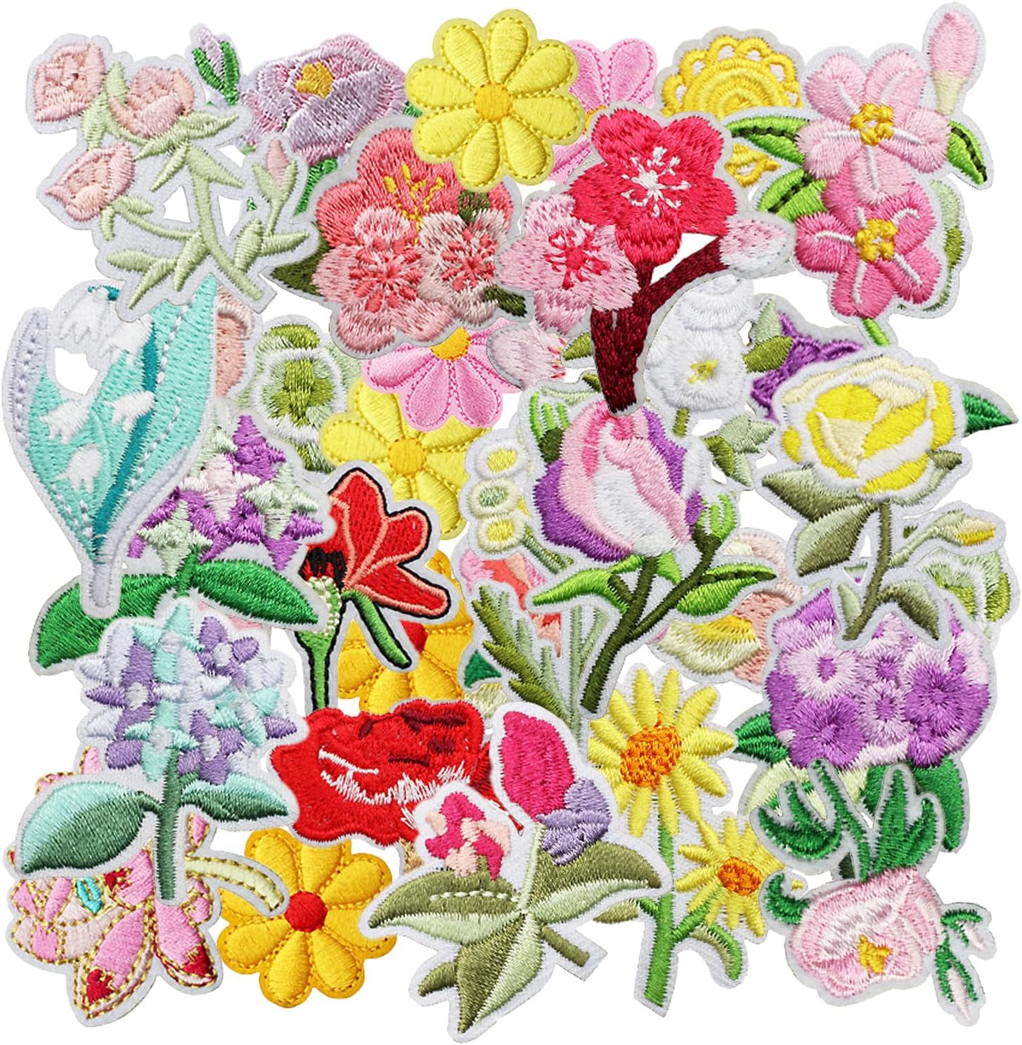 Nicime 36pcs Tulip Flower Iron-On & Sew Patches - Cute Embroidered Applique for Clothes, Bags, Hats, Jeans & Dresses