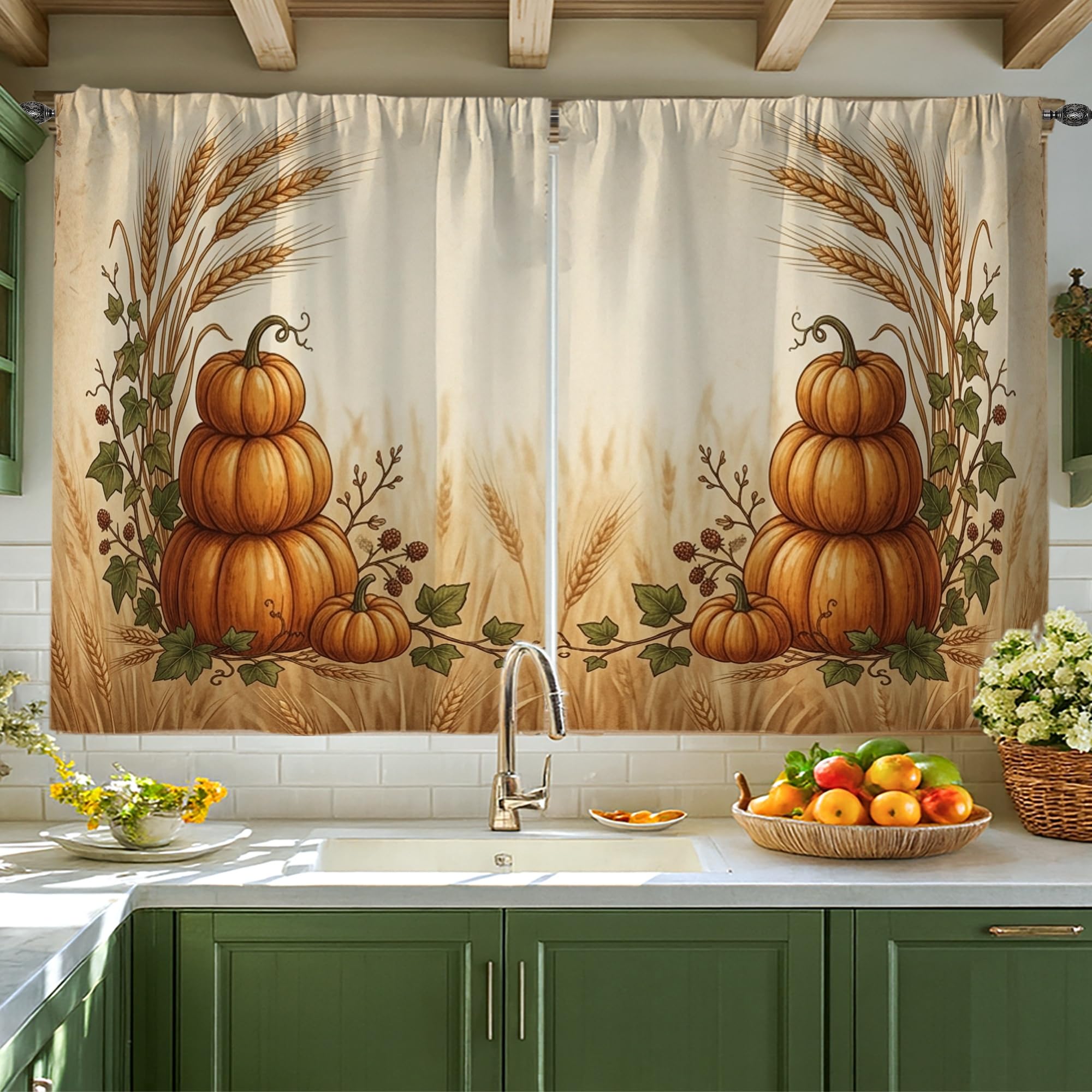 Rideaux de cuisine orange occultants partiels style citrouille rustique