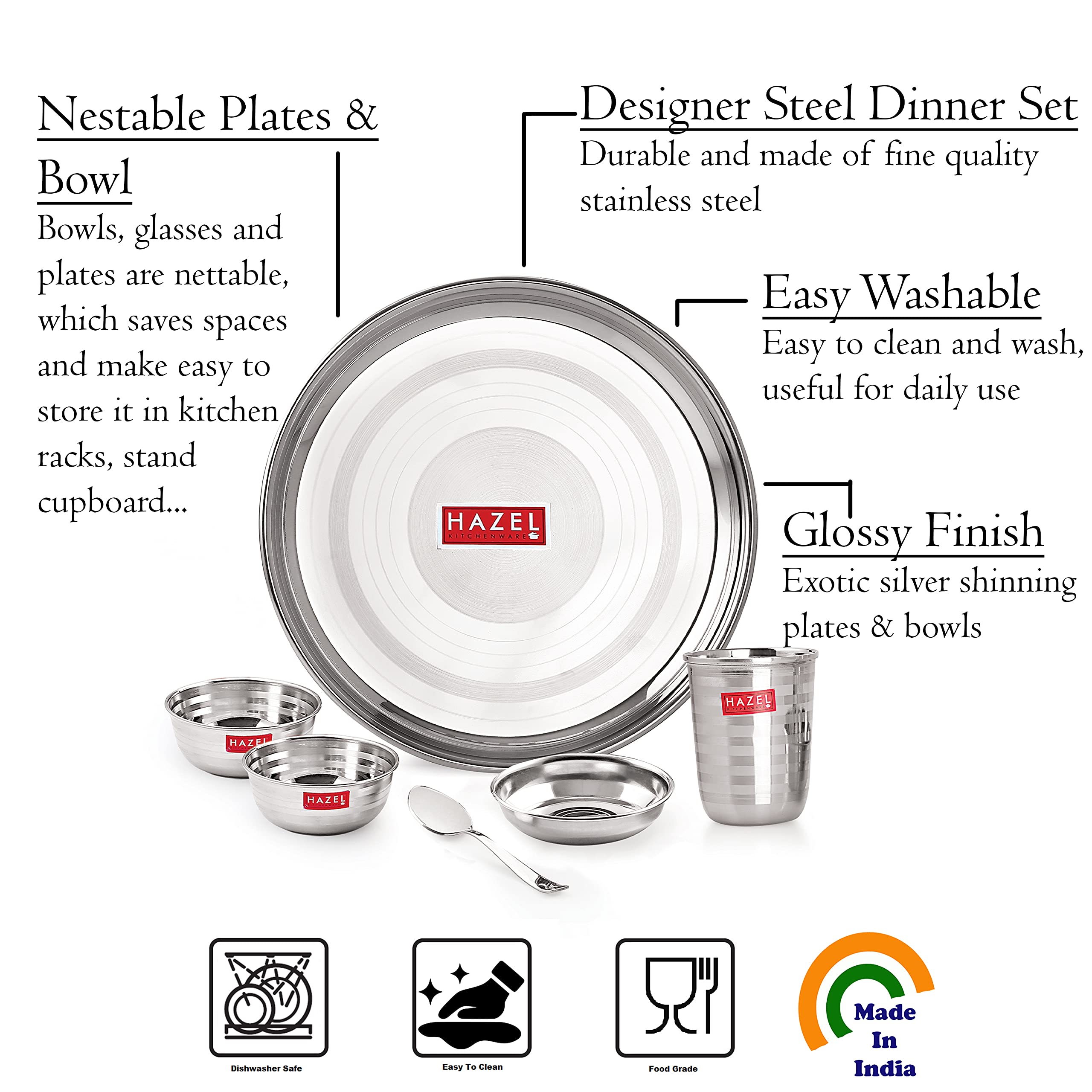 HAZEL Stainless Steel Dinner Set of 12 | Dinner Set Steel (2 Plate, 4 Curved Wooden Bowl , 2 Spoon, 2 Dessert Plate, 2 Glass) 12 Pieces, Silver - Image 3 thumbnail