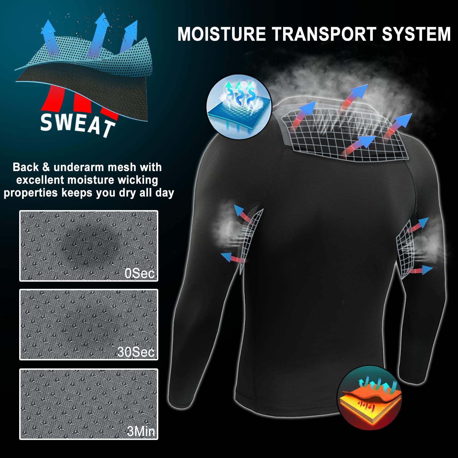 AMZSPORT Camicia a Compressione da Uomo, Maglietta a Maniche Lunghe Cool Dry Layer Fitness Top