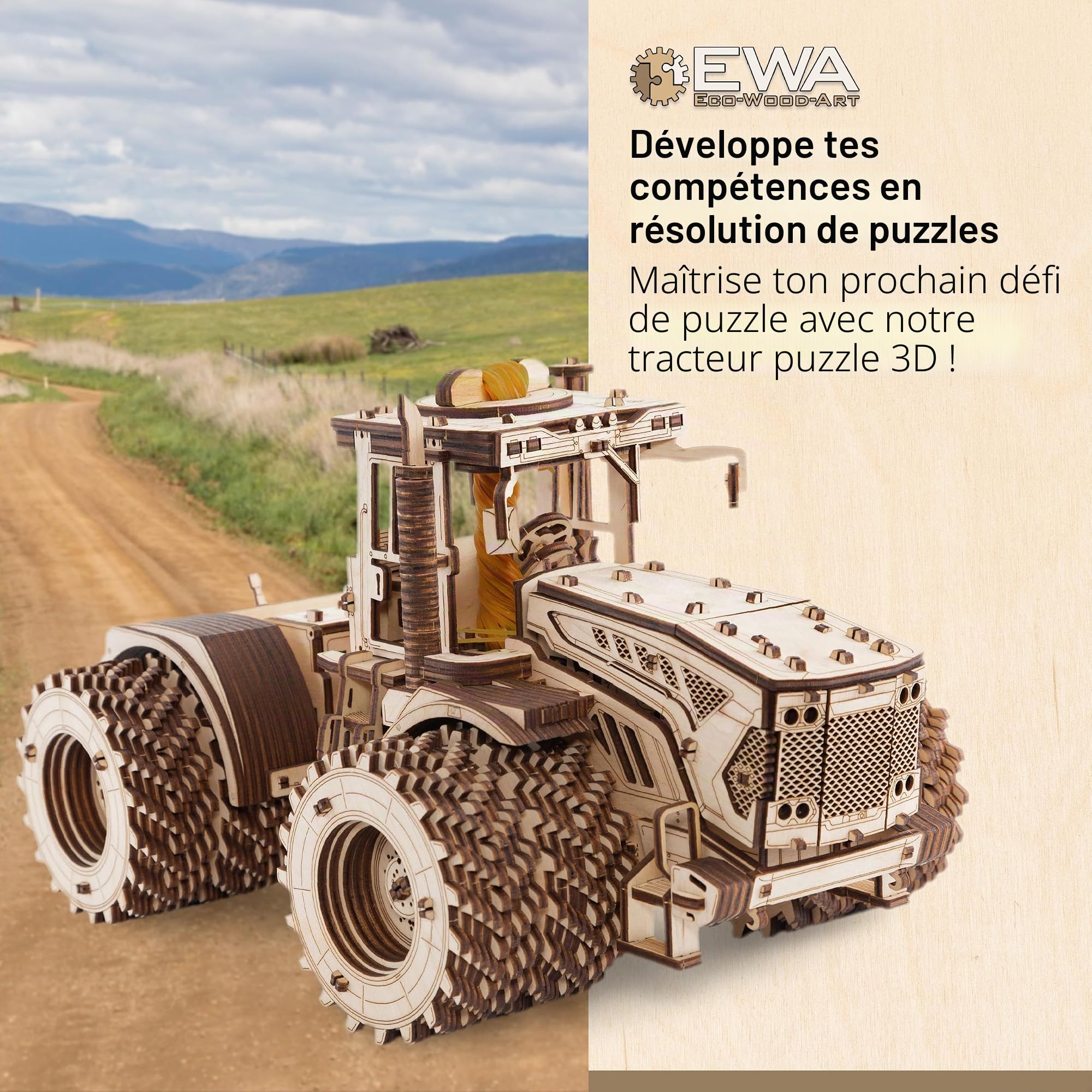 EWA Eco-Wood-Art - KIROVETS K-7M Tracteur Mécanique Tridimensionnel-Puzzle pour Adultes et Adolescent-Collection sans colle-596 Détails, Couleur Nature