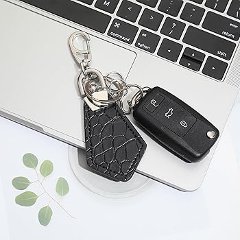 Wilink Leather Keychain, Unisex, Black, Crocodile Grain, Luxury