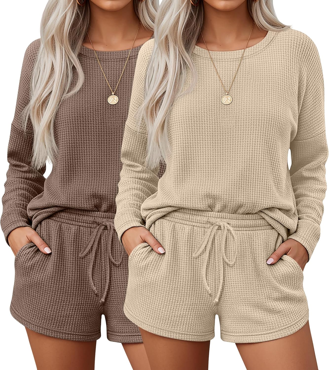 Neer 2 Pack Women's Waffle Knit Pajama Sets Long Sleeve and Shorts Pajama Set Matching PJ Loungewear Sweatsuit with Pockets