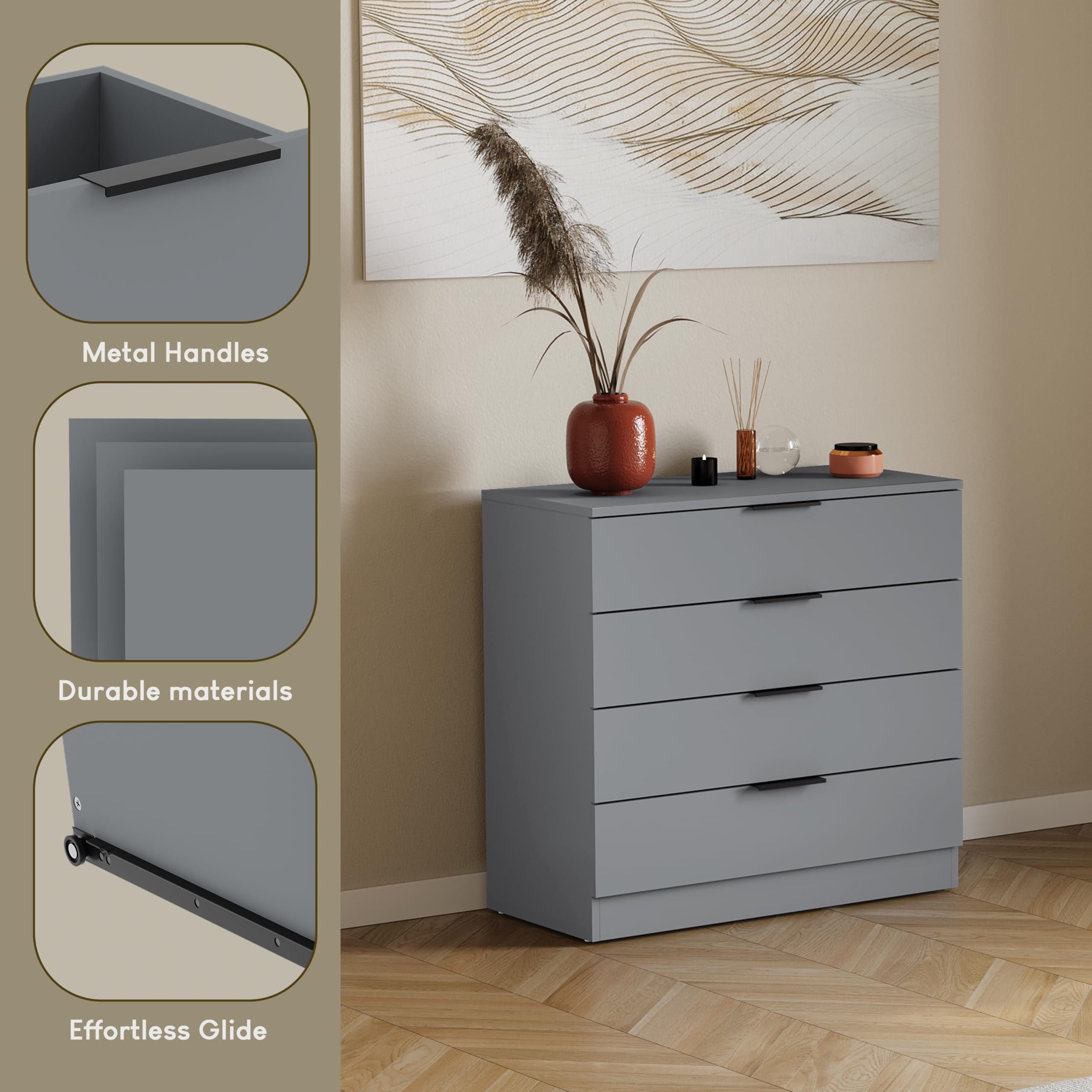 Vida Designs Trega Kommode mit 4 Schubladen | Grau | 74 H x 66 B x 36 T cm | Platzsparende Stauraumeinheit | Schubladenstütze gegen Durchbiegen | Minimalistische | Leichtgängige Schubladenführungen